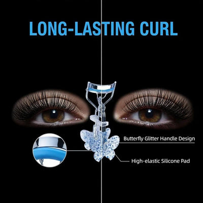 Sequin Butterfly Crystal Handle Eyelash Curler - Effortless Lifting for Straight Lashes, No-Pinch Design for Hooded & Round Eyes, Long-Lasting Curl with Durable Steel, Sunburst Effect, Blue