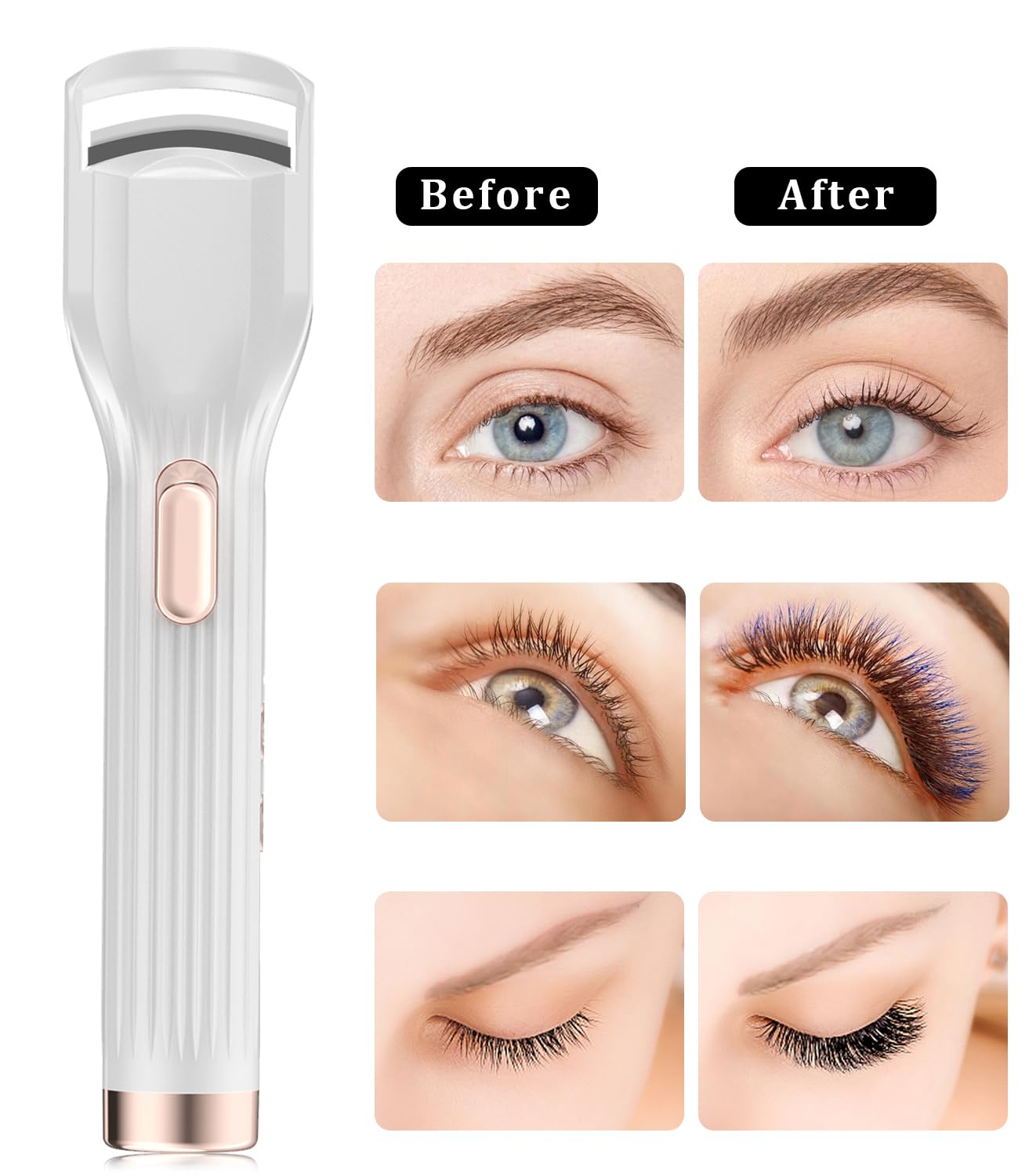 Heated Eyelash Curler Premium PRO - Fast Heat up in 8s - 24 Hours Long Lasting - Rechargeable Electric Eyelash Curler with Type-C, Innovative L Silicone, 2 Heat Modes, Anti-Burn Eyelid, White-HB