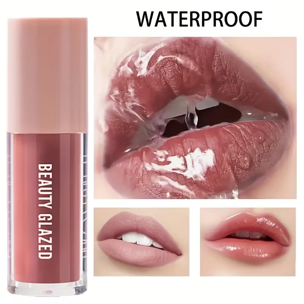 2Pcs/Set Lip Gloss & Lip Liner Set Mocha Brown – Lip Plumping Effect Lip Combo Set for Volume Lips, Fuller Looking Lips, High Shine Glass Lips Look, Gradient Lips & Over Lip Makeup Viral Lip Combo