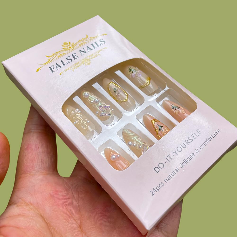 3D Butterfly Press on Nails 24PCS Almond Shaped White French Cute False Nails Full Cover Reusable Artificial Pink Fake Nail Kit Glossy With Pearl Design Acrylic Fake Fingernails For Women Girls