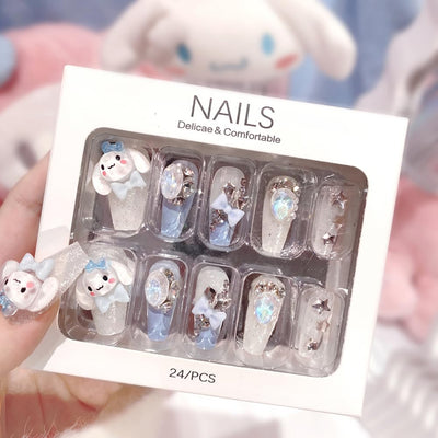 Tezocr Long Coffin Press on Nails 24pcs Cute Fake Nails with Gems Charms Cartoon Acrylic Nails Full Cover False Nails for Women DIY Manicure Party Nail Decoration