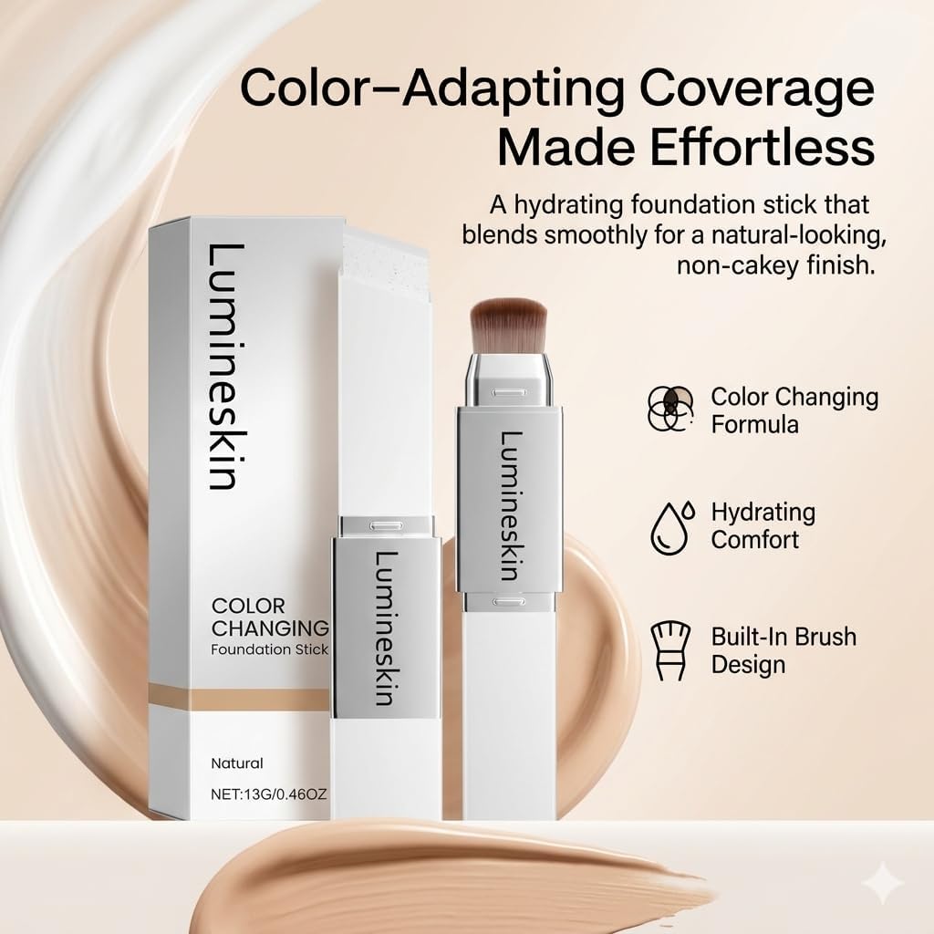 Official Lumineskin Cover Cream Stick-V Color Changing Foundation Stick - Hydrating Concealer Base Makeup, Dual-Ended with Built-in Brush, Portable for Daily Use (Natural)