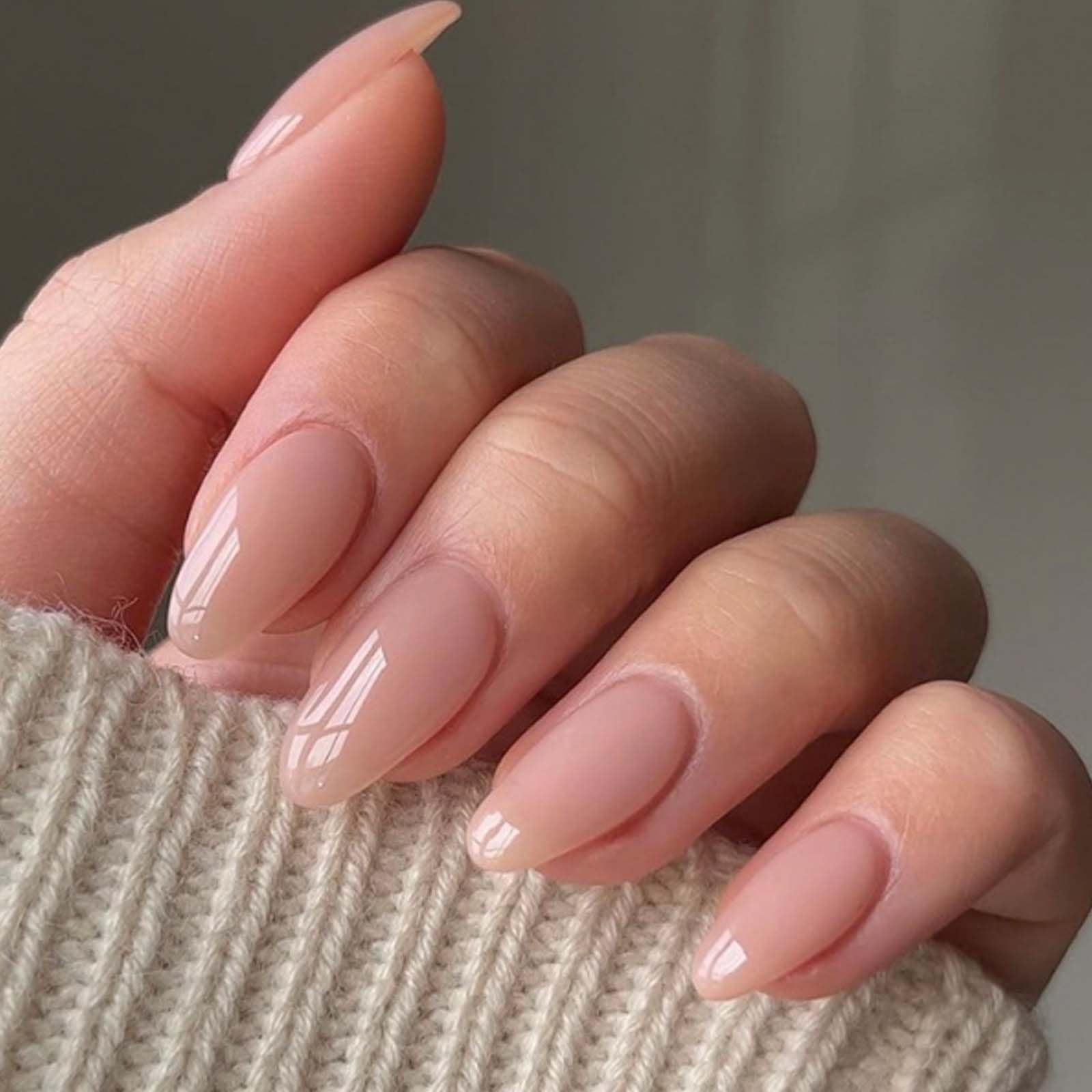 Hkanlre Fake Nude Nails Tips Full Cover Almond False Medium Nails Press on Nails for Women 24PCS