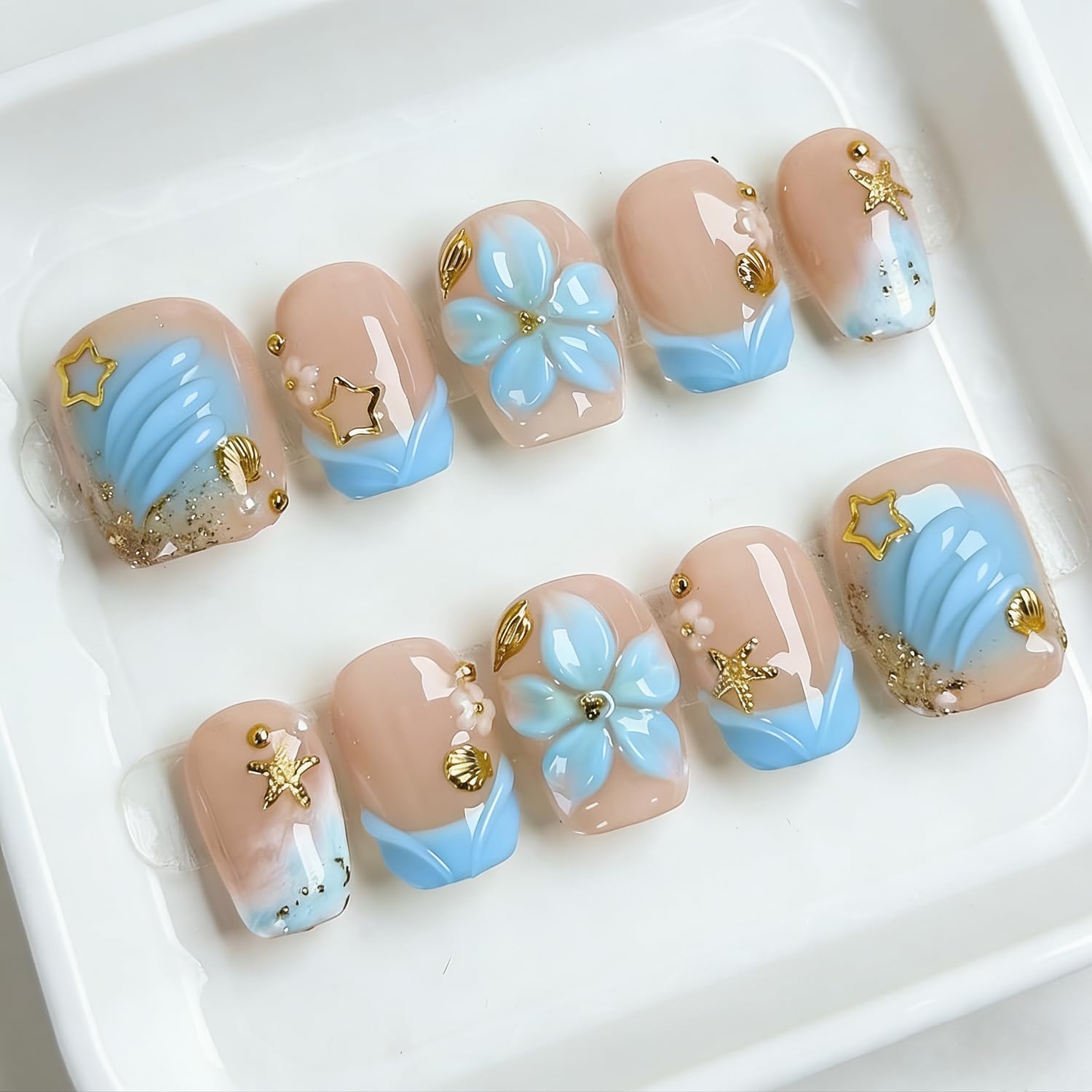 24pcs Blue Press on Nails Short Square French Tip Fake Nails 3D Flower False Nails with Gold Beads Designs Stick on Nails Summer Ocean Shell Starfish Conch Glue on Nails for Women Manicure Decoration