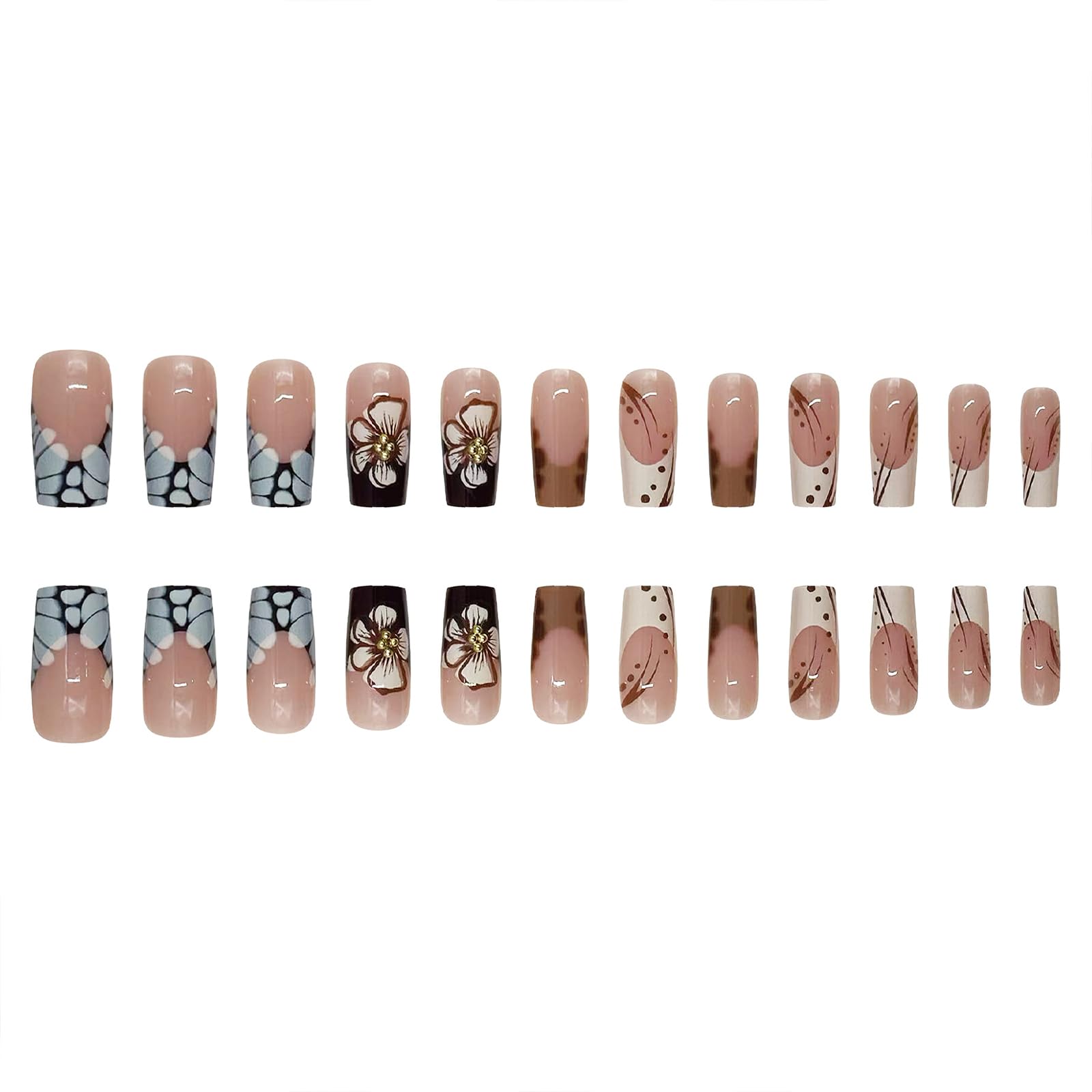 ROFIBUT French Tip Press on Nails Medium Square Fake Nails Glossy Autumn Brown Leopard Print Coffin False Nails Cute White Flowers with Gold Bead Designs Reusable Floral Glue on Nails for Women 24Pcs