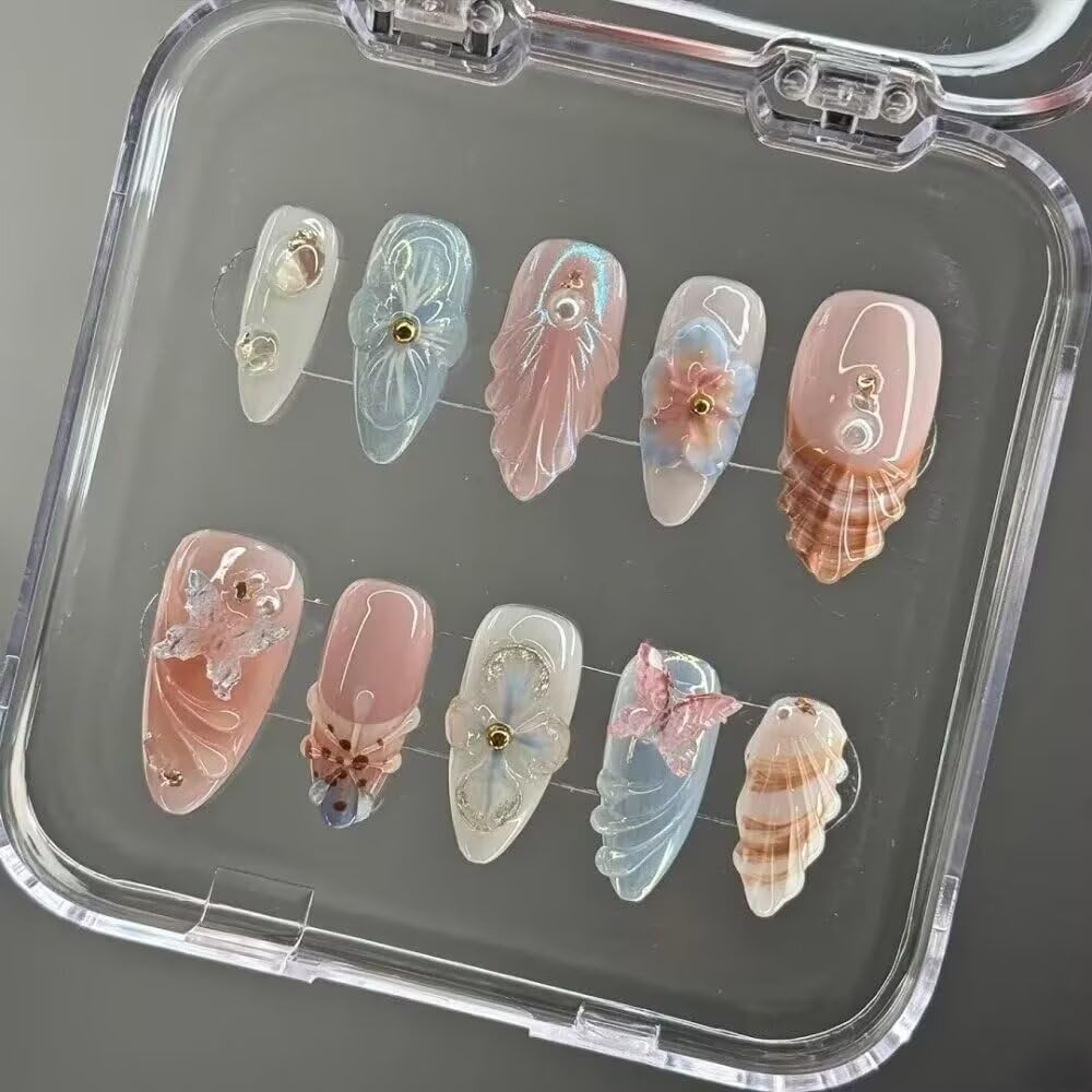 MAGLFELL 10PCS Handmade Nails Press On Nails Almond Art False Nails Women's Nails Kit 3d Press on nails,Small Size