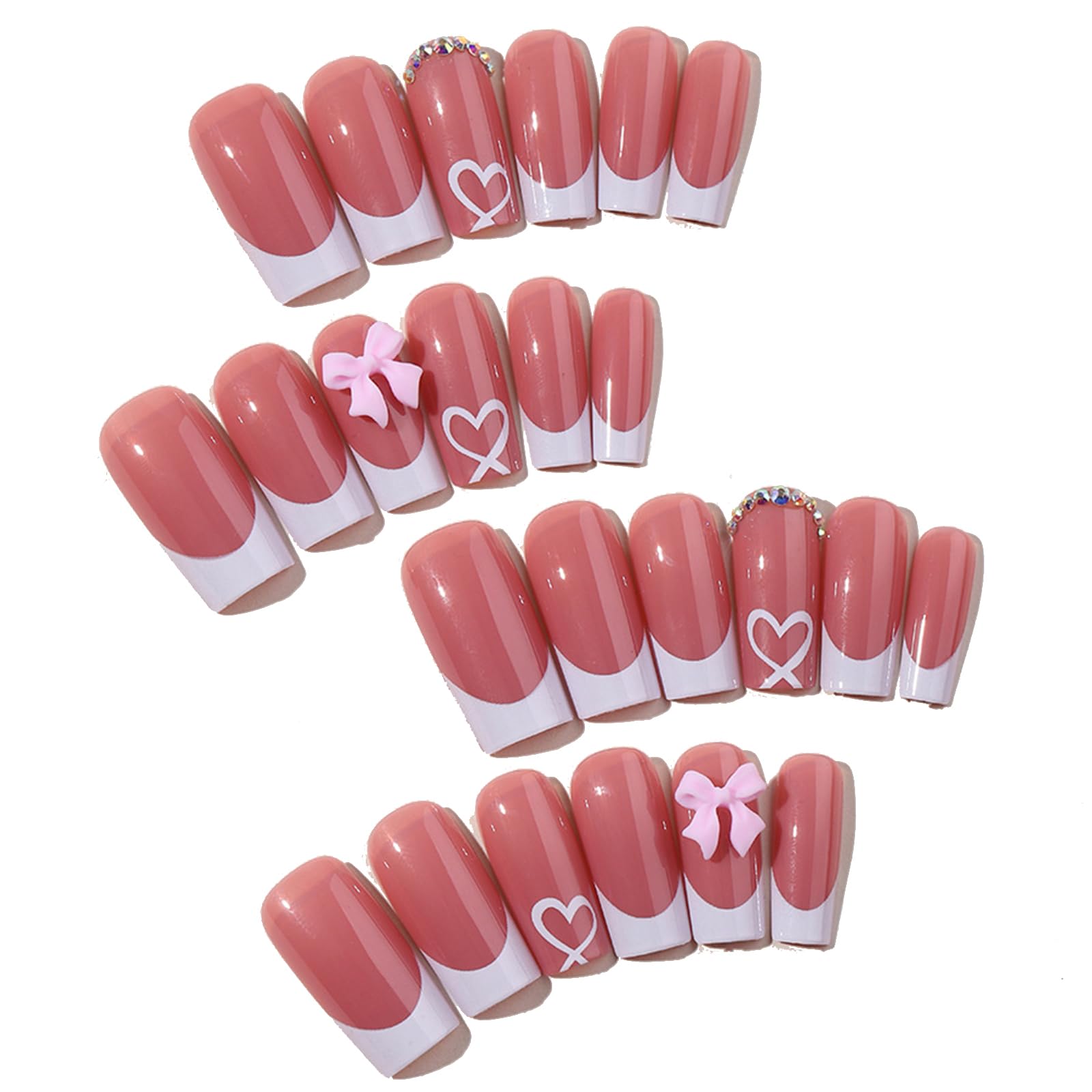 24Pcs Fake Nails With Bows, Elegant False Nail, Aesthetic Long Press On Nails Full Cover French Manicure, Stick On Nail, For Women Girls