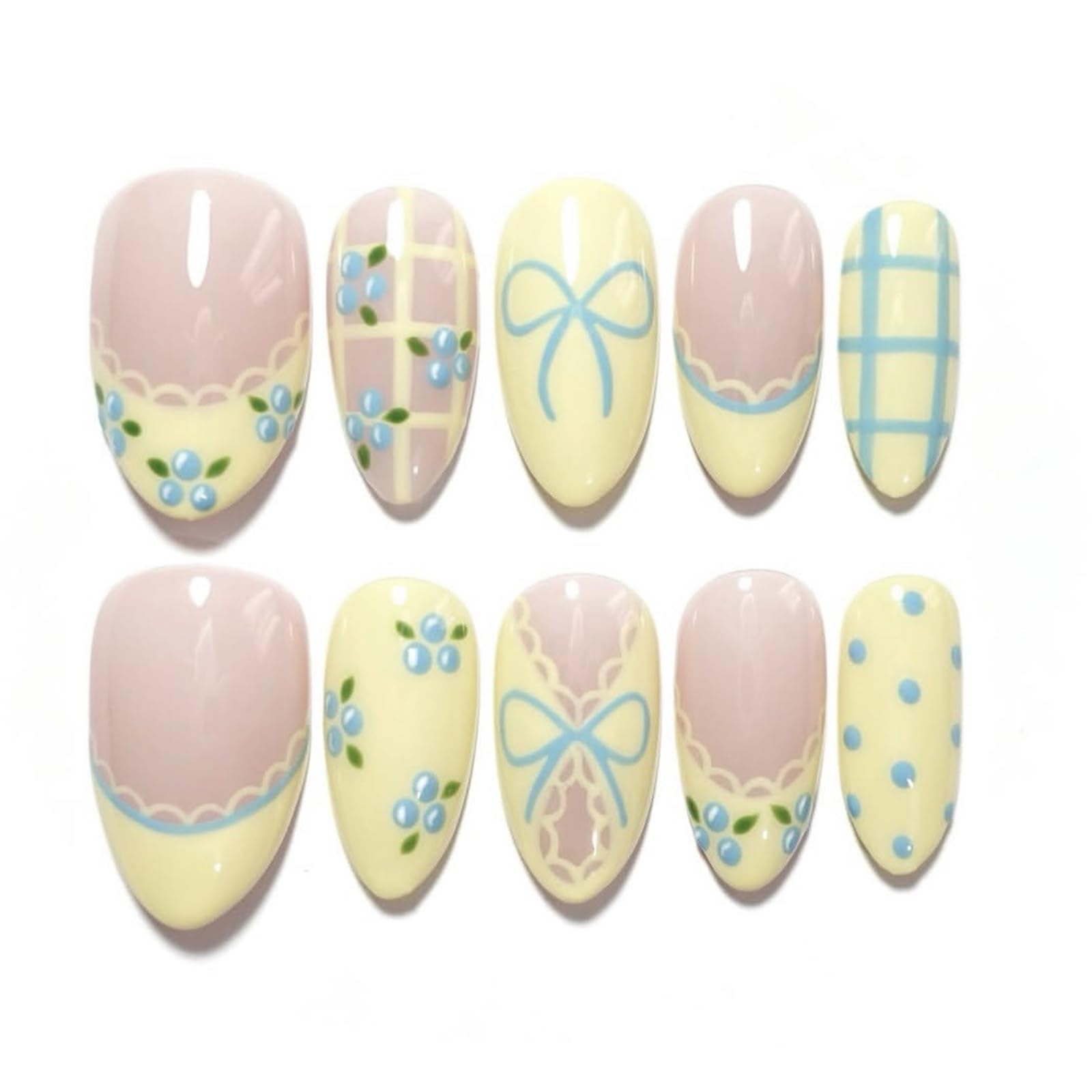 30 Pcs Cute Press on Nails Medium Almond Fake Nails with Bow Lace Blueberry Design Reusable Acrylic Stick on Nails Kit Glossy Yellow French Tip False Nails for Women Girls Daily Party Wedding Manicure