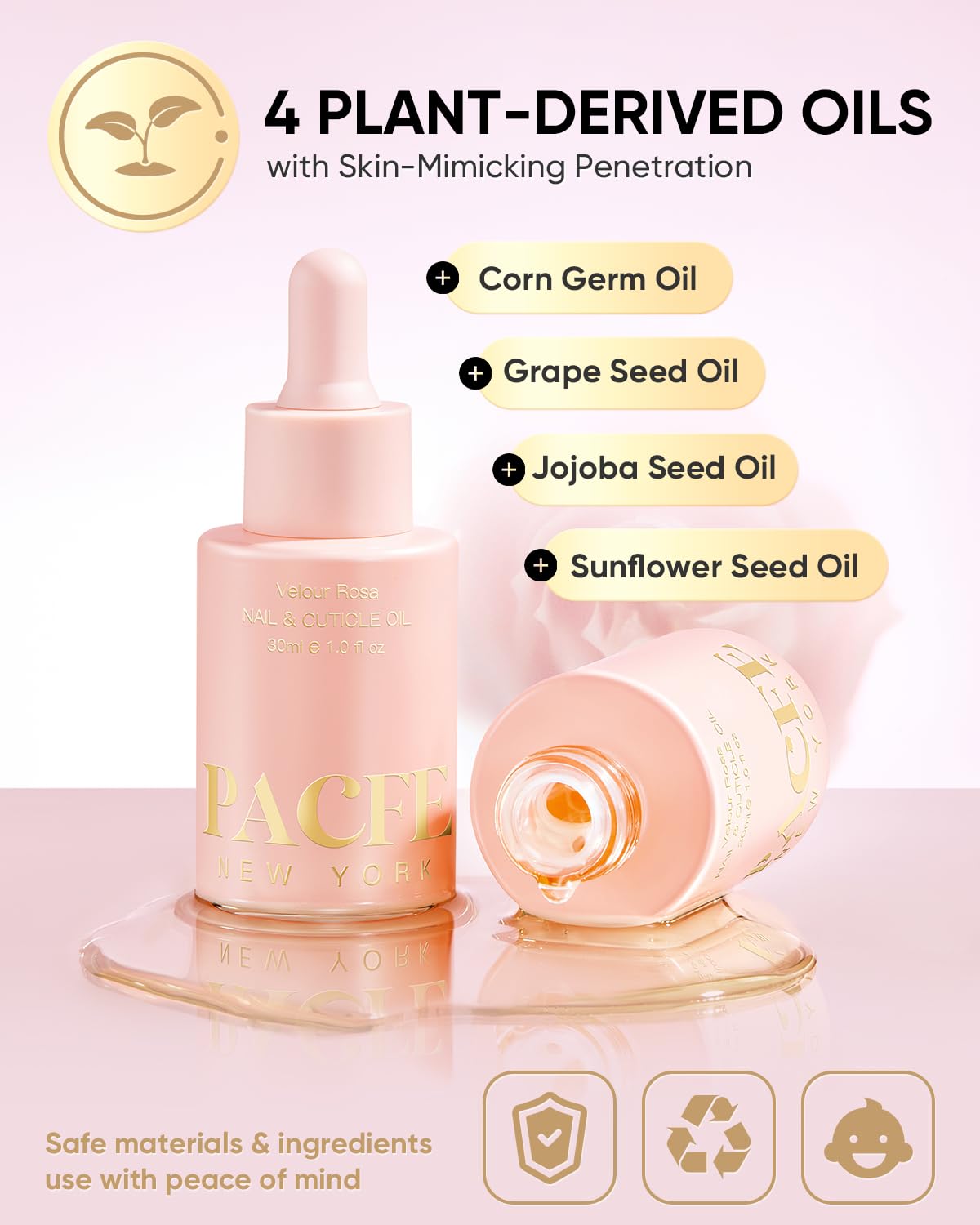 PACFE Velour Rosa Nail and Cuticle Oil - 100% Natural Plant-Based Treatment with Jojoba oil, Squalane & Vitamin E - Deep Hydration for Dry Damaged Nails & Cuticle - Non-Greasy, Rose Scent, 1.0 fl oz