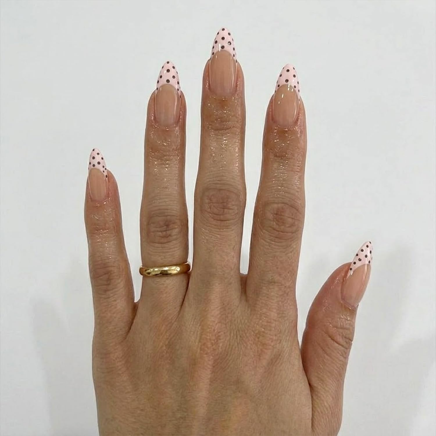 Polka Dot French Tip Press on Nails Long Almond Fake Nails with Designs Nude Pink Full cover Stick on False Nail Set for Women 24 Pcs