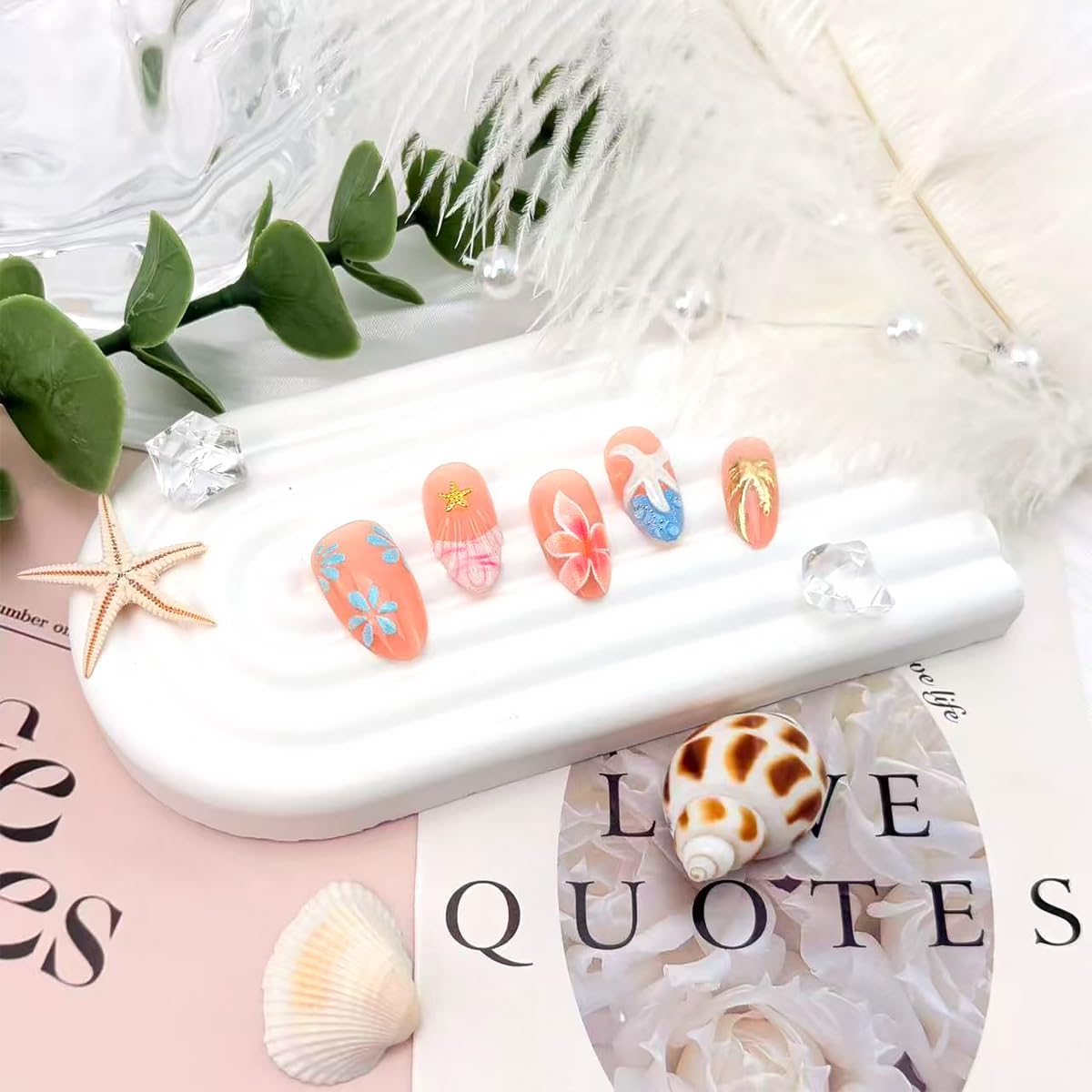 30 PCS Beach Press on Nails Medium Almond Fake Nails Blue French Tip False Nails with 3D Starfish Designs Glue on Nails Summer Coconut Trees Stick on Nails Flower Full Cover Acrylic Nails for Women