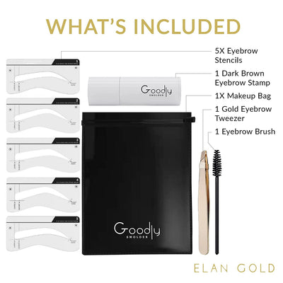 EGLD GOODLY by ELAN Gold Eyebrow Stamp Stencil Kit w/ Bonus Eyebrow Tweezer Included | Perfect for One Step Eyebrow Shaping | Waterproof and Long Lasting Finish, Nearly Black