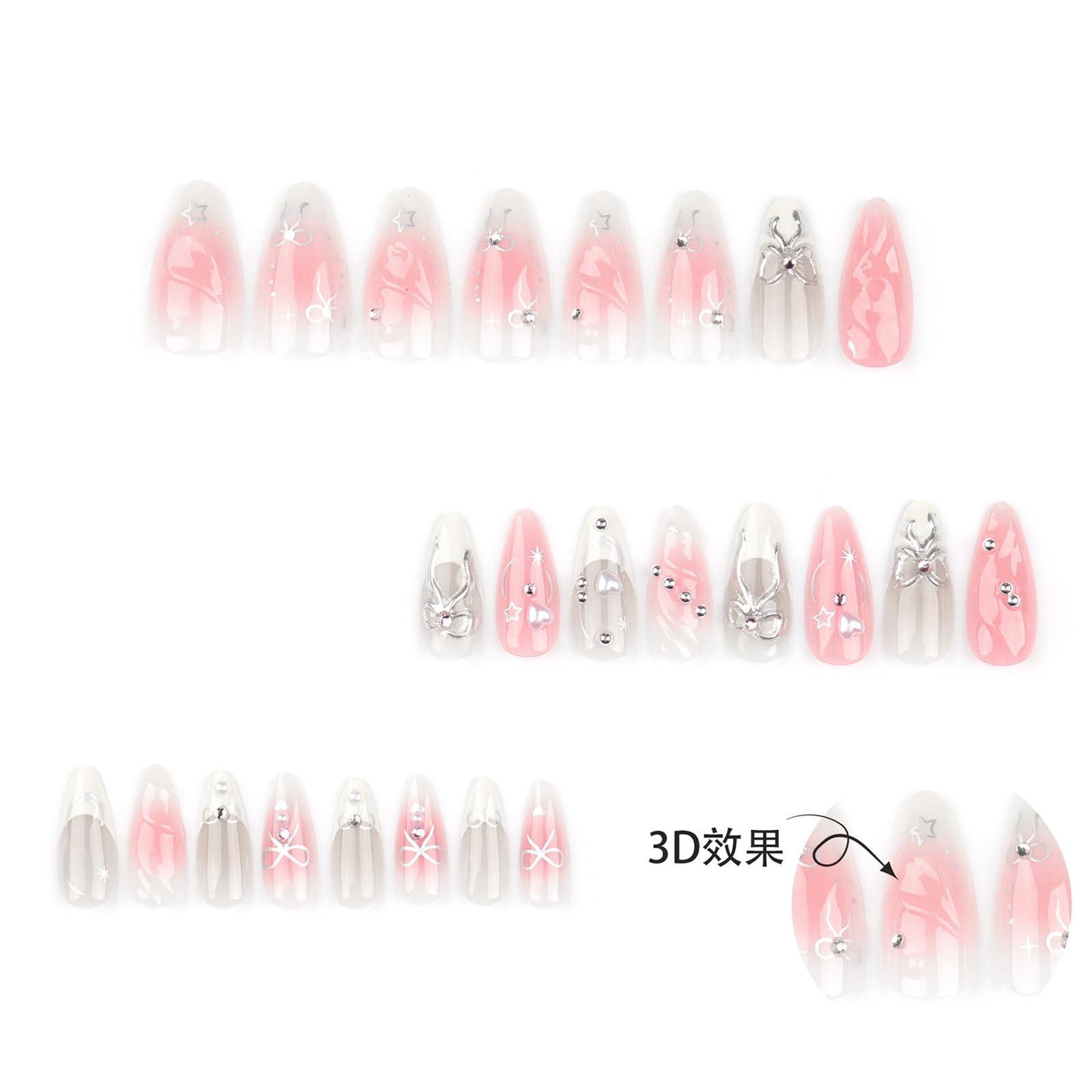 LBPEPAMZ Pink Press On Nails Medium Almond Fake Nails with 3D Silver Bow Bead Pearl Designs White Gradient French Tips Acrylic False Nails Heart Full Cover Glossy Stick On Nails for Women 24Pcs