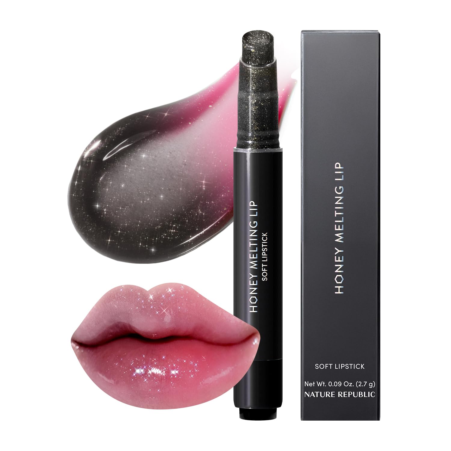 Nature Republic HONEY MELTING LIP GLITTER & PLUMPING (16 MIDNIGHT SPARKLE) SOFT LIP STICK Moisturizing Gloss, Volumizing formula, Color changing Sheer tint, Shine Glimmer Finish