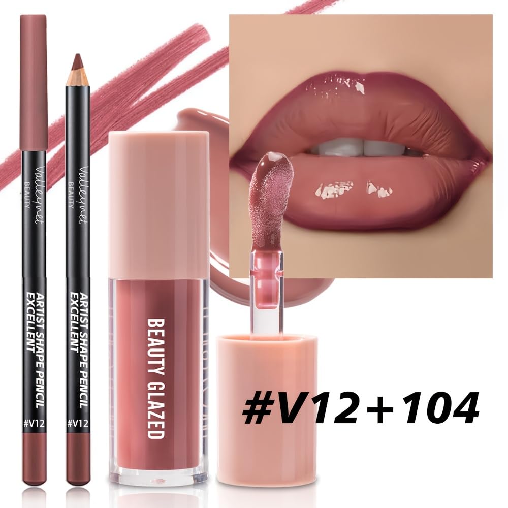 2Pcs/Set Lip Gloss & Lip Liner Set Mocha Brown – Lip Plumping Effect Lip Combo Set for Volume Lips, Fuller Looking Lips, High Shine Glass Lips Look, Gradient Lips & Over Lip Makeup Viral Lip Combo