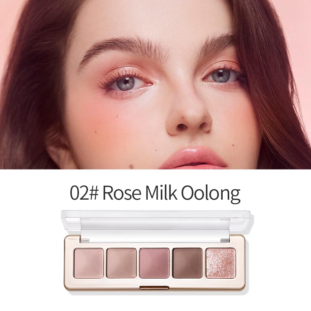 Rose Nude Eyeshadow Palette 5 Colors Pink Brown Matte and Rose Gold Shimmer Highly Pigmented Soft Glam Neutral Mauve Eyeshadow Long Lasting Blendable for Daily Natural Makeup, 2#