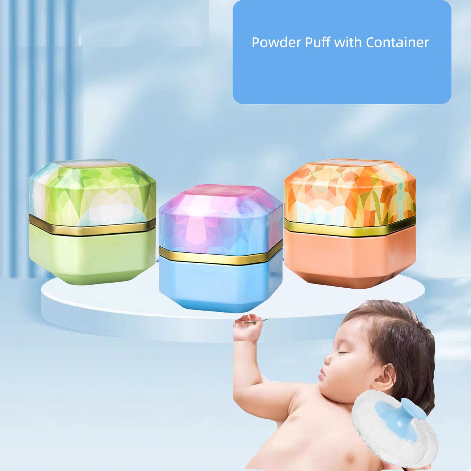 Body Powder Puff and Container, 3.35" Portable Dusting Powder Container with Soft Puff Powder Case Box Jar for Baby Women Home and Travel Use(Blue)