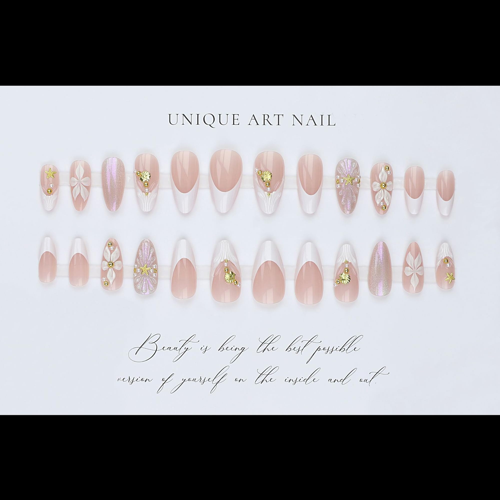 Press on Nails Medium Almond French Tip, Fake Nails with 3D Texture Embossed Flower Seashell Starfish Designs, Acrylic False Nail Glossy Glue on Nail, Full Cover Artificial Stick on Nails for Women