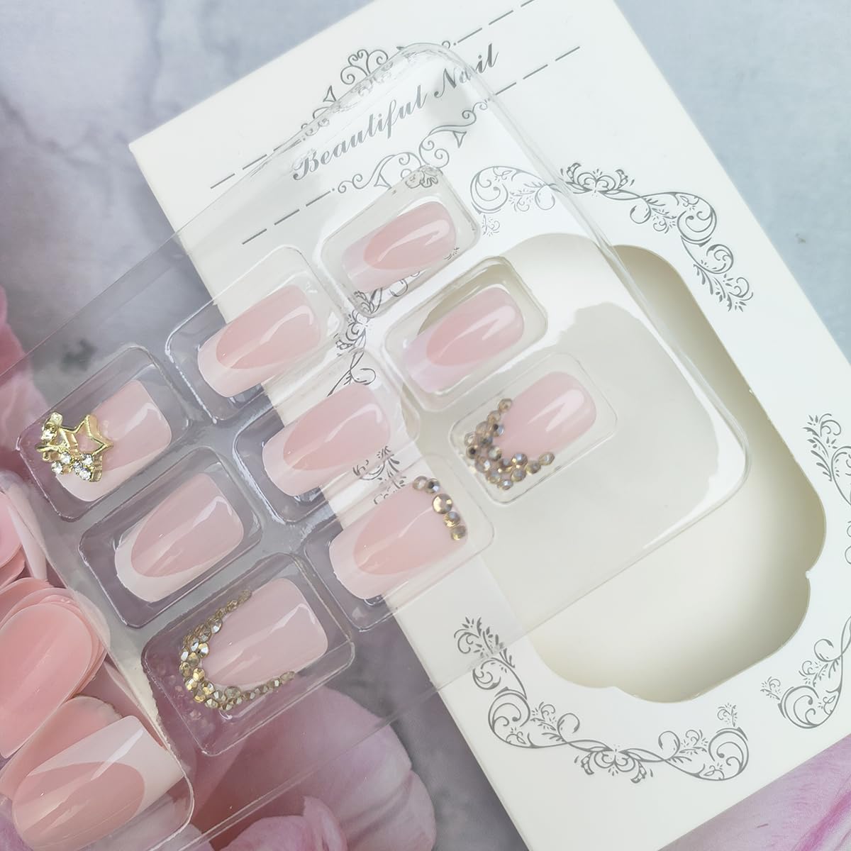 24Pcs White French Tip Press on Nails Short Square Fake Nails 3D Star Charms Design Acrylic False Nails Gold Rhinestones Nail Tips Press ons Full Cover Glossy Nude Pink Glue on Nails for Women Girls