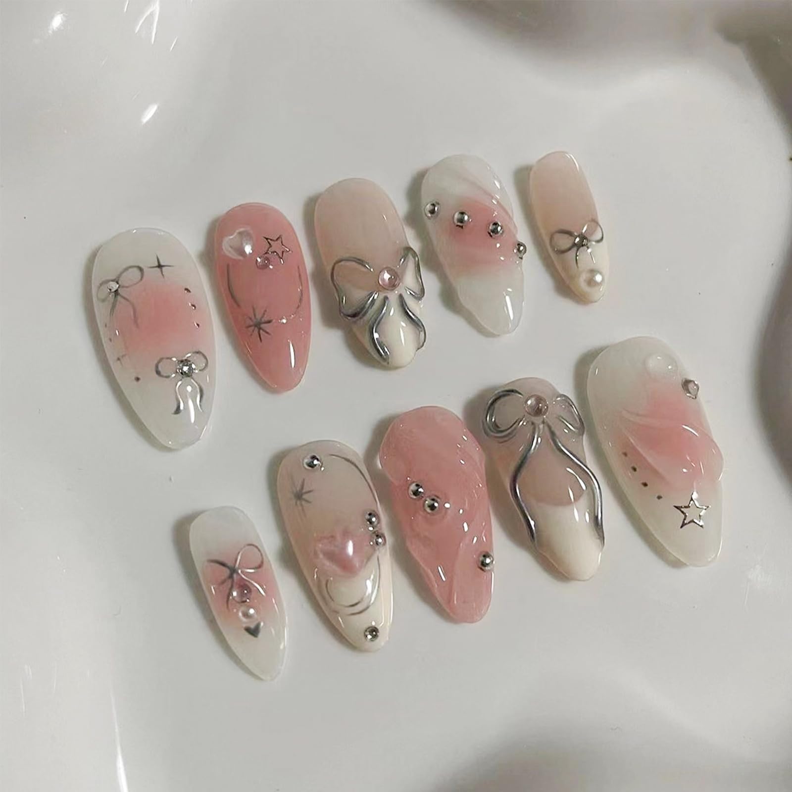 LBPEPAMZ Pink Press On Nails Medium Almond Fake Nails with 3D Silver Bow Bead Pearl Designs White Gradient French Tips Acrylic False Nails Heart Full Cover Glossy Stick On Nails for Women 24Pcs