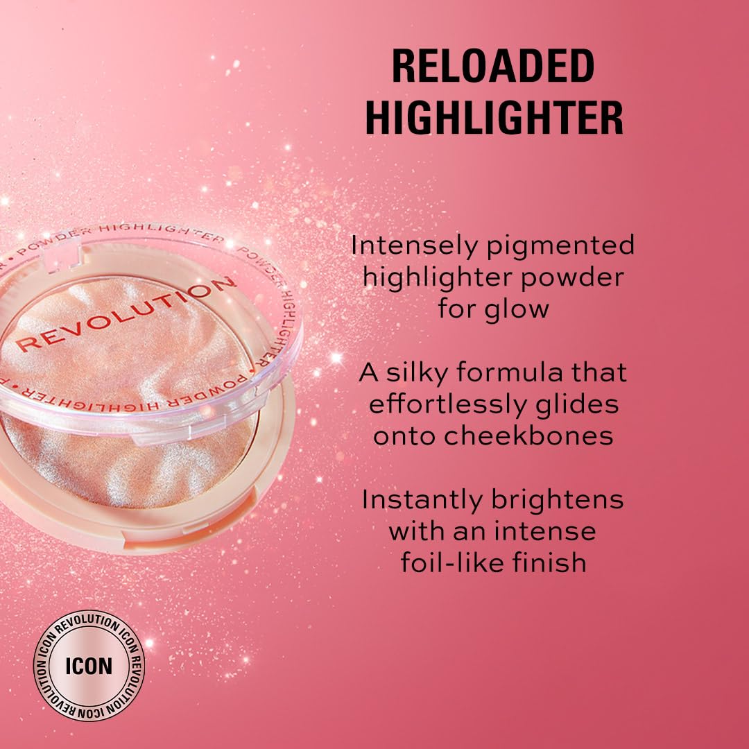 Revolution, Reloaded Pressed Powder Highlighter, Intensely Pigmented for a High-Impact Dewy Finish, Set The Tone, 0.22 oz