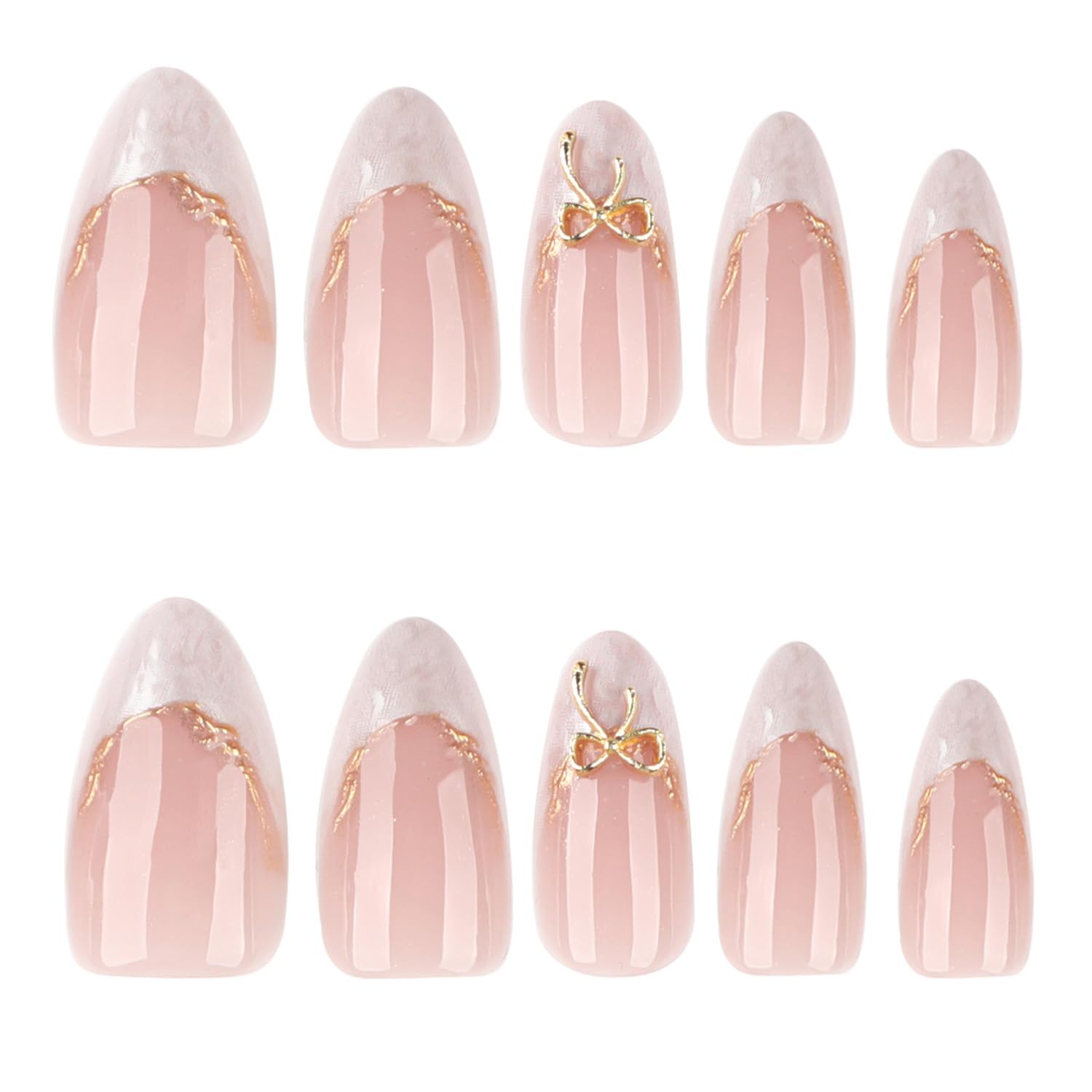 24Pcs French Press on Nails Almond Fake Nails Tip with 3D Gold Bow Lines Design White French Nails Exquisite Cute Bows False Nails Artificial Nails Acrylic Stick on Nail for Women Manicure Decoration