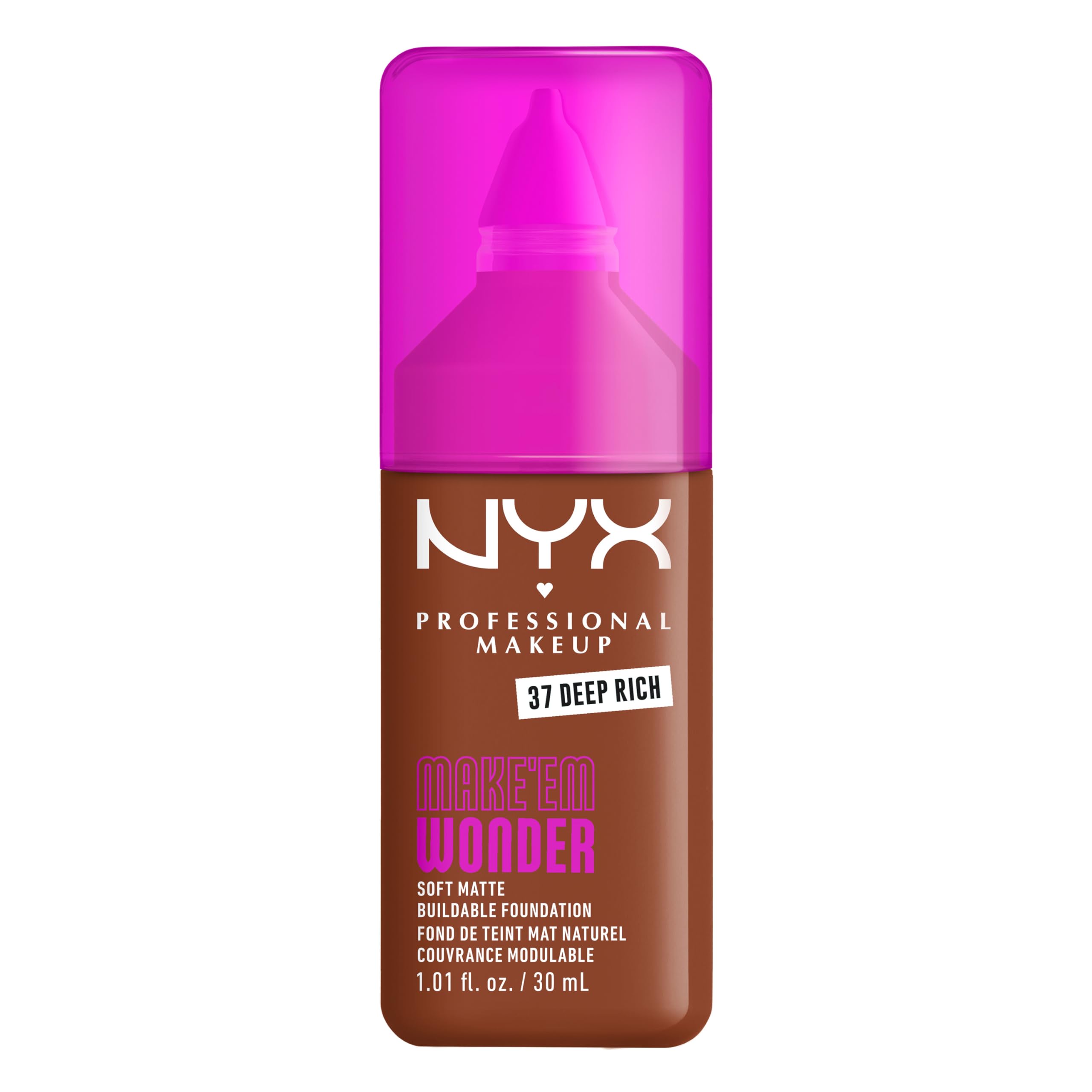 NYX PROFESSIONAL MAKEUP Make 'Em Wonder Liquid Foundation, 24HR Foundation Makeup With A Soft Matte Finish, Buildable Full Coverage - 37 Deep Rich