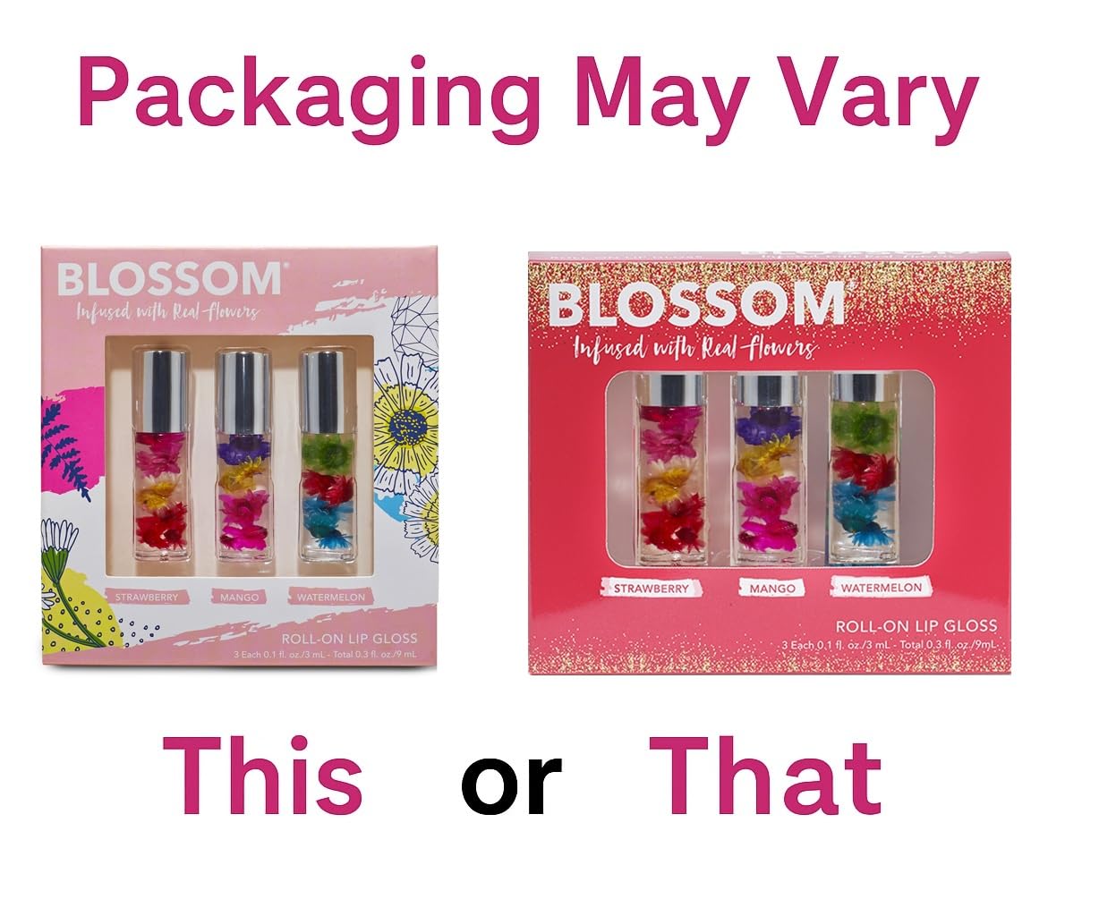 Blossom Roll on Lip Gloss, Scented Clear High Shine Moisturizing Lip Oil, Non Sticky, Infused with Real Flowers, Made in USA, 0.3 fl. oz./9ml, 3 pack Mini Gift Set, Strawberry, Watermelon, Mango