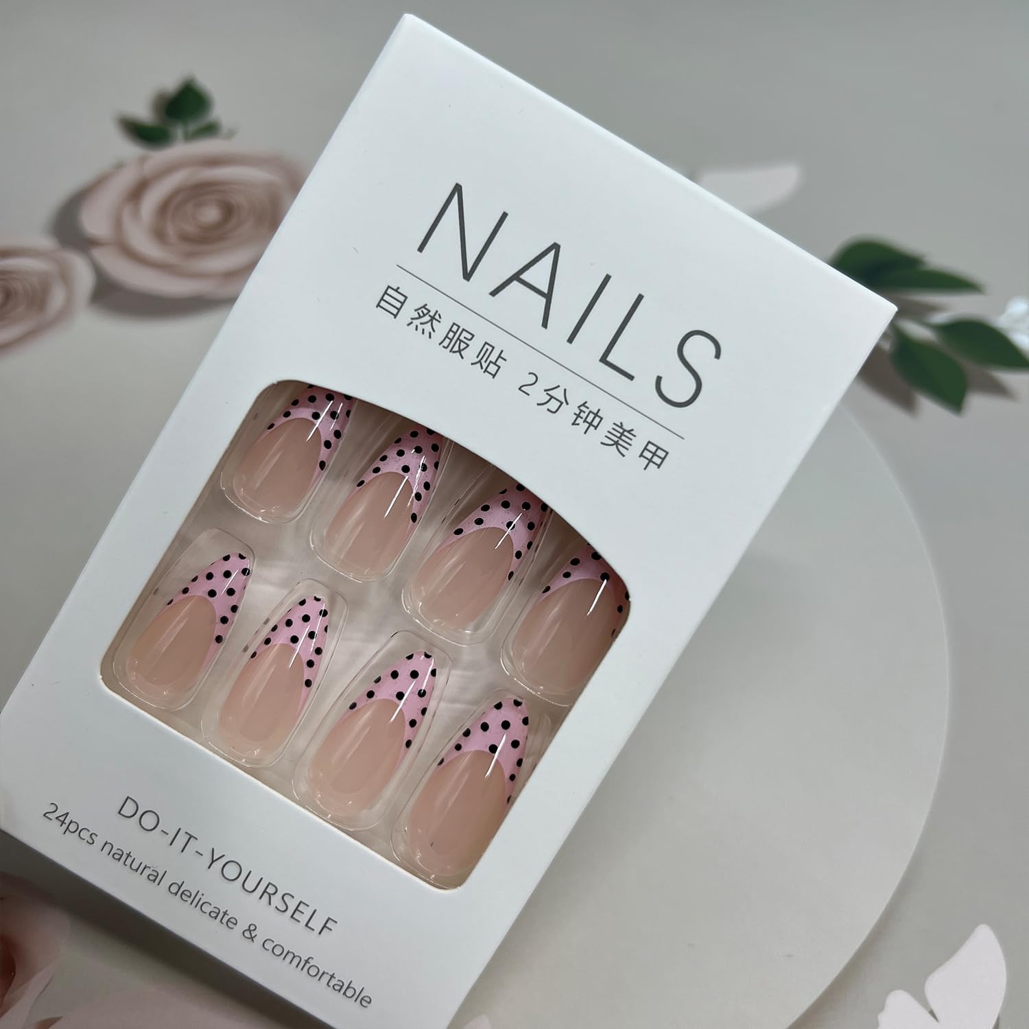 Polka Dot French Tip Press on Nails Long Almond Fake Nails with Designs Nude Pink Full cover Stick on False Nail Set for Women 24 Pcs