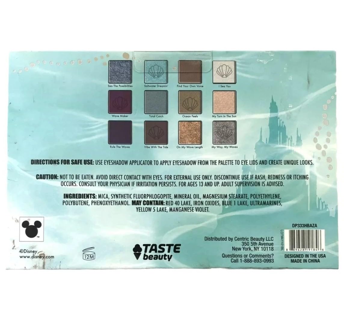 Taste Beauty Disney The Little Mermaid 12-Shade Eyeshadow Palette, Underwater-Themed Colors with Mirror, Shell-Embossed Shimmers, For Ages 13 and Up