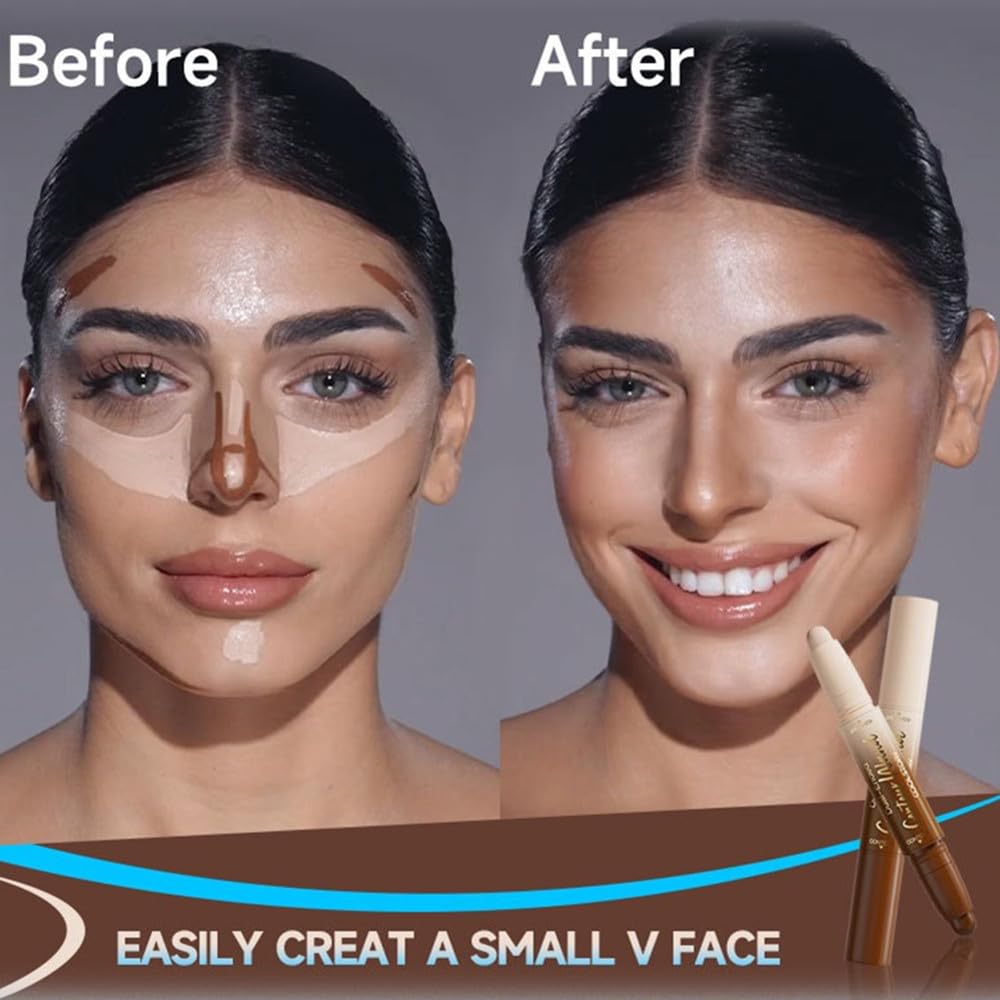 Contour Stick Makeup Set, 2 Dual-Ended Highlighter Makeup Pens & Face Shaping Contouring Sticks, Long-Lasting Waterproof Cream bronzer and Highlighter Sticks, Suitable for All Skin Tones