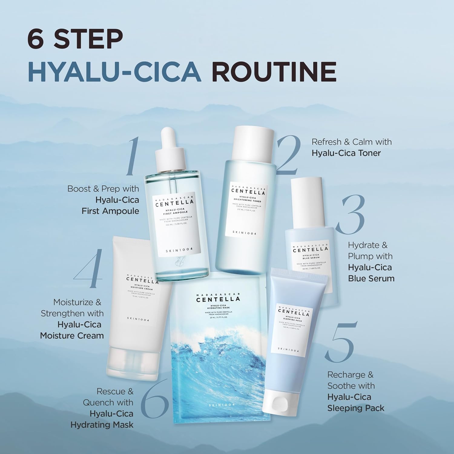 SKIN1004 Hyalu-Cica Blue Serum 1.69fl.oz, 50ml, Hydrating Face Serum with 5 Hyaluronic Acids & Madagascar Centella Asiatica, Korean Facial Ampoule for Deep & Long-lasging Moisture, Korean Skin Care