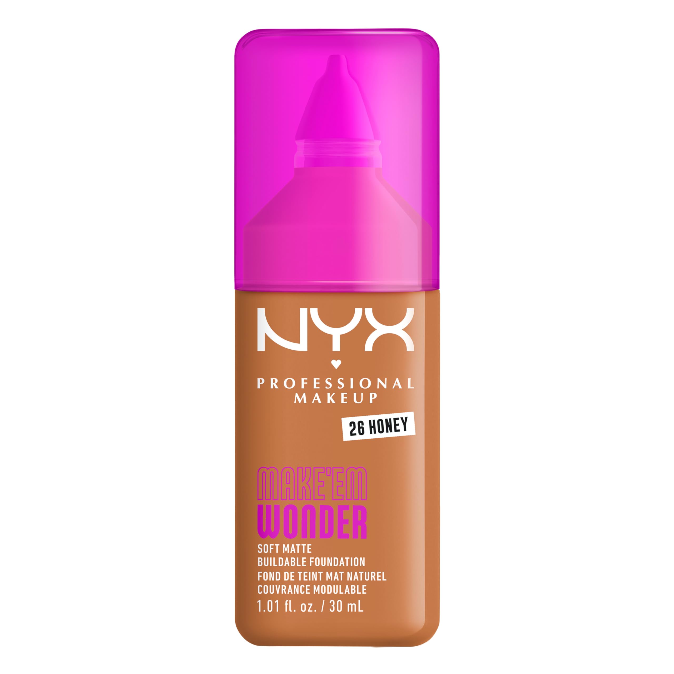 NYX PROFESSIONAL MAKEUP Make 'Em Wonder Liquid Foundation, 24HR Foundation Makeup With A Soft Matte Finish, Buildable Full Coverage - 26 Honey