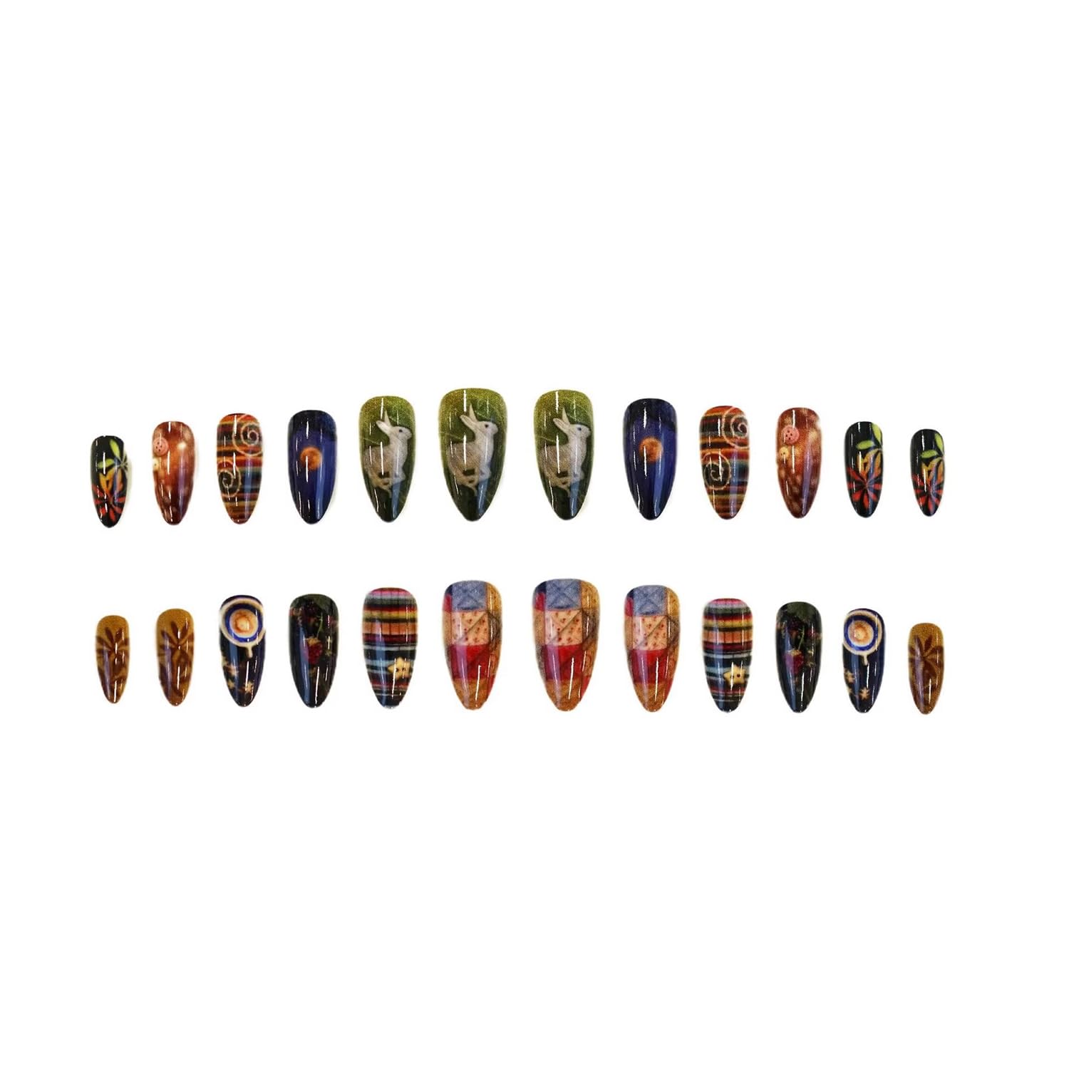 Medium Almond Press on Nails Aesthetic Nail Art Fake Nails Cute False Nails with Stars Moon Rabbit Designs Fairy Tale Medium Glue on Nails for Women Girls 24Pcs