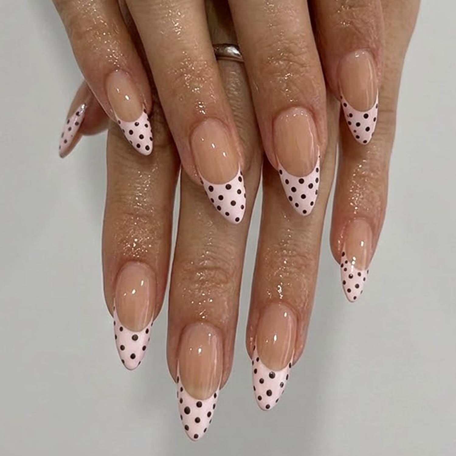 Polka Dot French Tip Press on Nails Long Almond Fake Nails with Designs Nude Pink Full cover Stick on False Nail Set for Women 24 Pcs