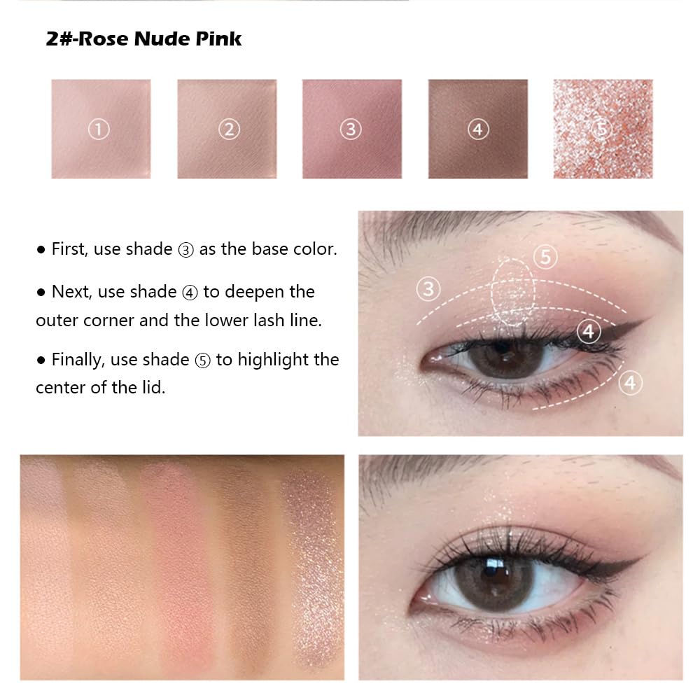 Rose Nude Eyeshadow Palette 5 Colors Pink Brown Matte and Rose Gold Shimmer Highly Pigmented Soft Glam Neutral Mauve Eyeshadow Long Lasting Blendable for Daily Natural Makeup, 2#