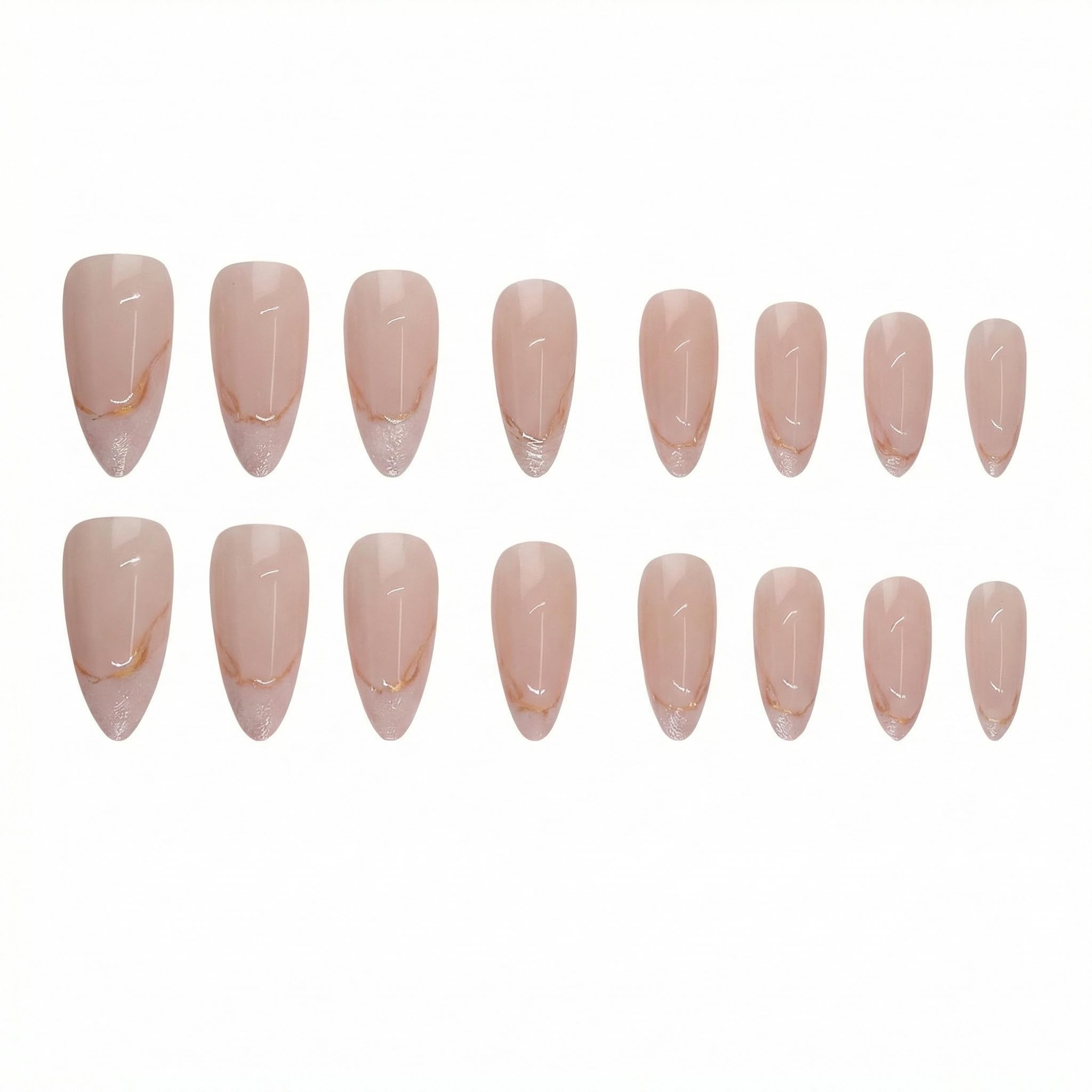 Press-On False Nails, 24pcs Trendy Womens Fashion Almond Shape French Tip Nails, Glossy Nude Pink Gold Glitter Quiet Luxury Envogue Parisian Chic Style For Date Night And Classy Outfits For Women
