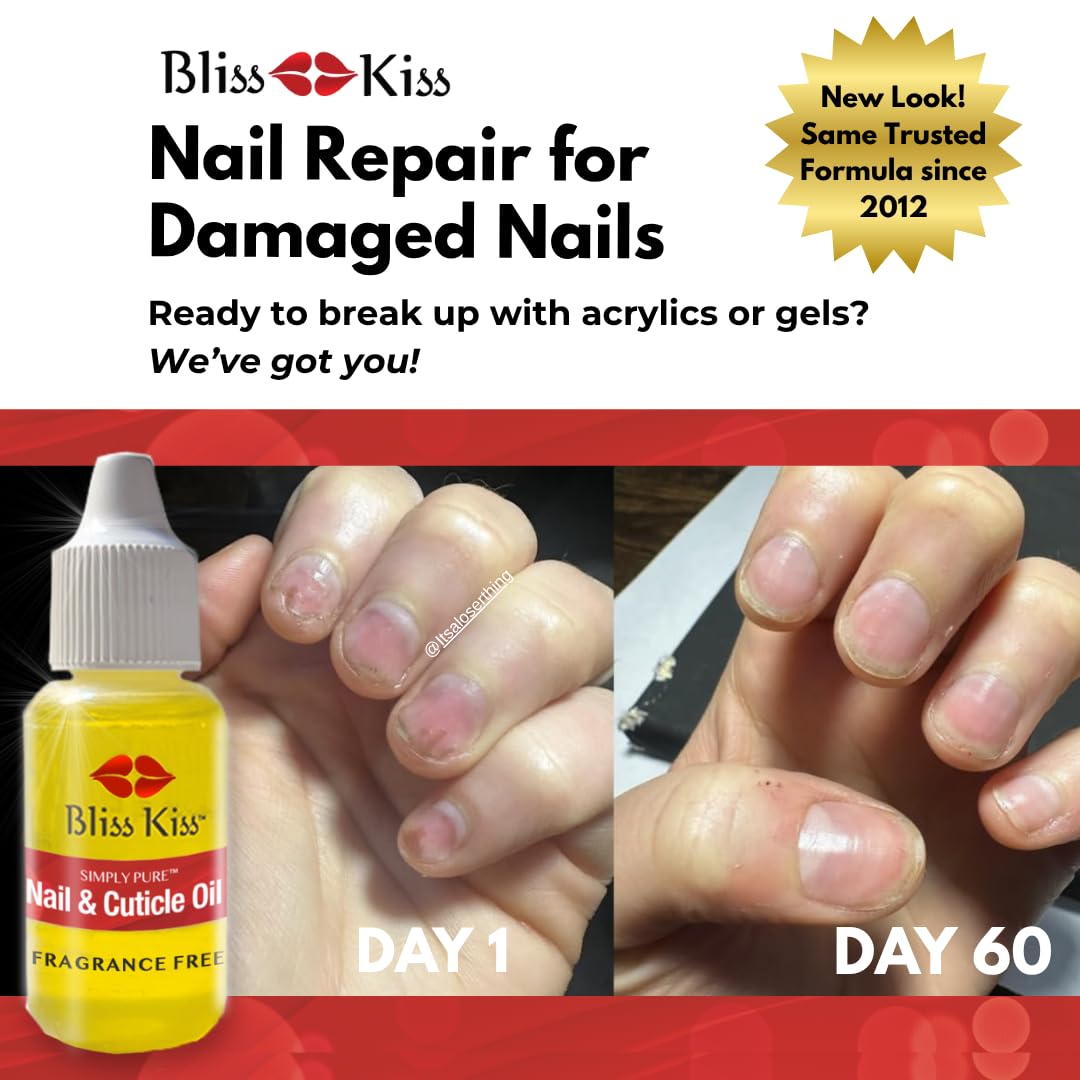 Bliss Kiss | Fragrance Free | Nail Oil Cuticle Dropper w/Vitamin E & Jojoba⏤Nail Strengthener Nail Growth Oil and Serum for Brittle Peeling Breaking Thin Nails | 0.5oz |