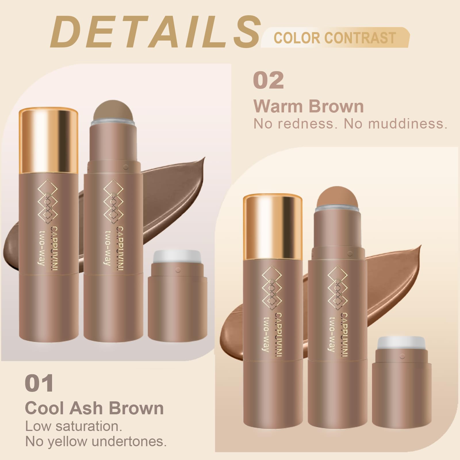 Cool Toned Cream Contour Stick for Fair Light Pale Skin, Grey Nose Contour Makeup Built-in Sponge, Smooth Long Lasting Bronzer, Blendable Lightweight Contouring Stick #01 Cool Ash Brown