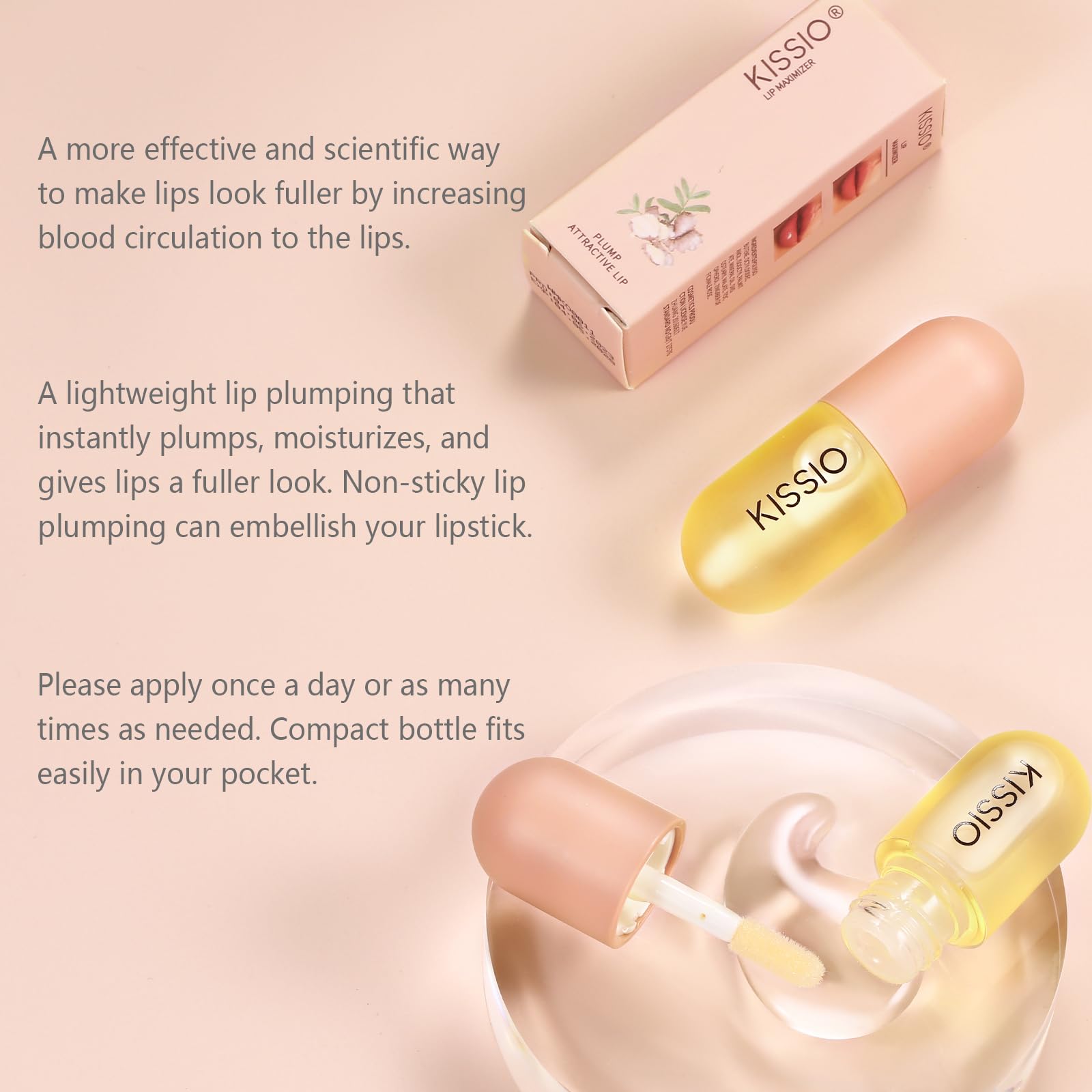 KISSIO Lip Plumper,Natural Lip Plumper for Day Use,Plumping Gloss Make Lips Fuller and Moisturizing 5.5ml,Lips Mask,Hydrating & Reduce Fine Lines,Beautiful Fuller