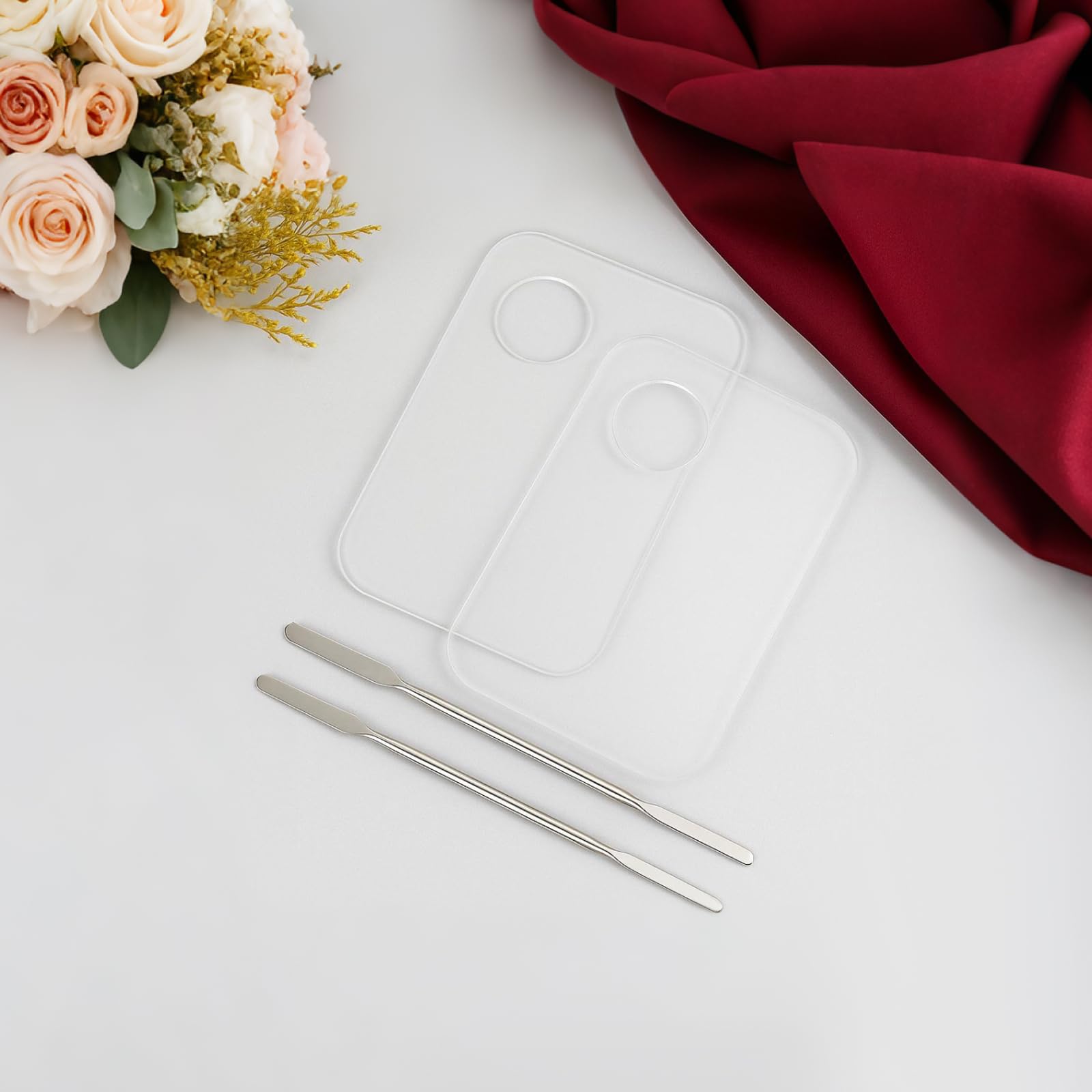 2PCS Acrylic Makeup Mixing Palette with 2PCS Spatula Set – Transparent Cosmetic Tray for Foundation, Eyeshadow, Lipstick & Nail Art, Durable & Portable Design