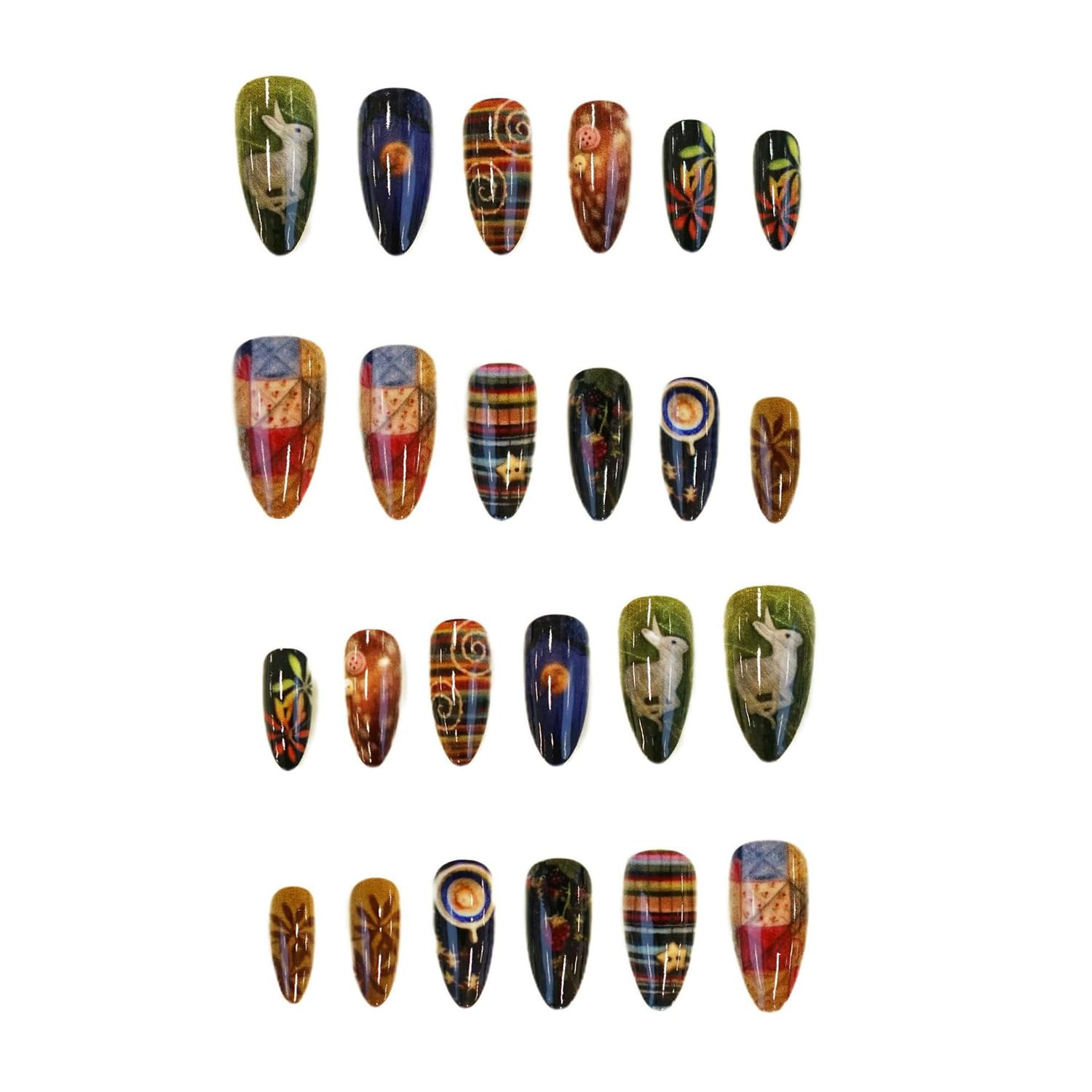 Medium Almond Press on Nails Aesthetic Nail Art Fake Nails Cute False Nails with Stars Moon Rabbit Designs Fairy Tale Medium Glue on Nails for Women Girls 24Pcs