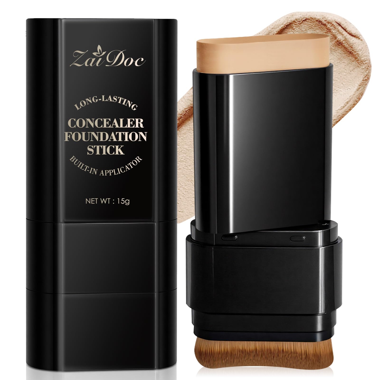 Zaidoc Foundation Stick, Dual-Ended with Brush, 2-in-1 Longwear & Waterproof, Natural Full Makeup Concealer Coverage for Dark Circles & Blemishes with Hydrating Olive & Camellia, 2.09 oz (04#)