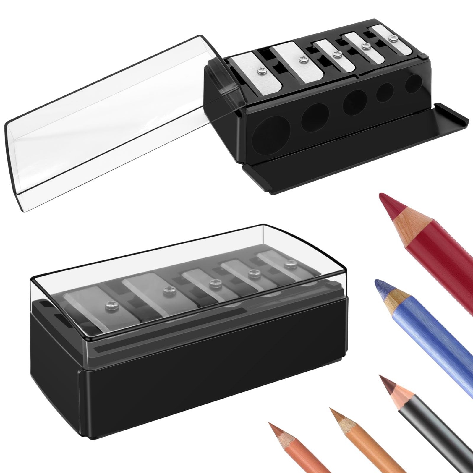 2-Pack 5 Hole Cosmetic Pencil Sharpener, Makeup Pencil Sharpener with Lid-Long Point Eyeliner Sharpener,Eyebrow and Lip Liner Sharpener for Women,Portable Manual Makeup Tool (Black)