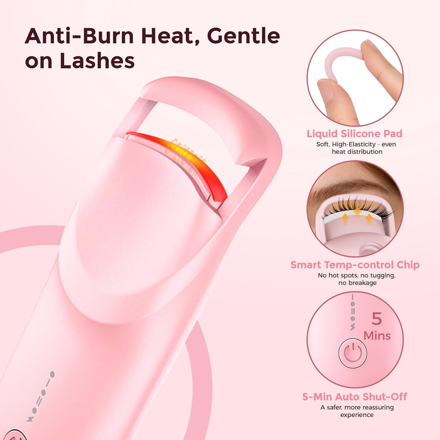 Heated Eyelash Curler, Anti-Burn Safe Heat with Upgraded Liquid Silicone Pad, 24H Natural C-Curl, 2 Heat Levels, 8s Fast Heat-Up, USB-C Rechargeable, Wide-Arch for Fine, Thick & Hard-to-Curl Lashes