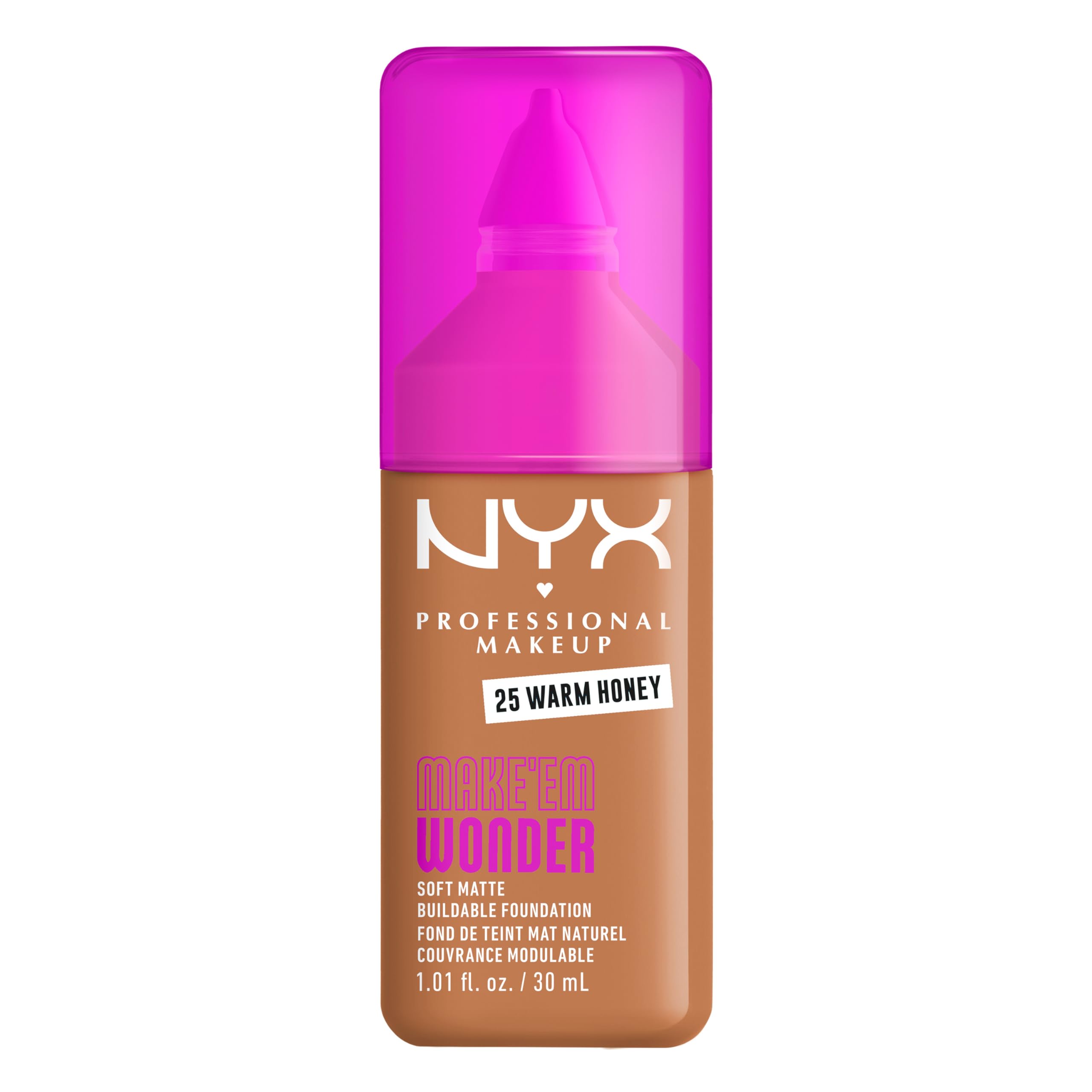 NYX PROFESSIONAL MAKEUP Make 'Em Wonder Liquid Foundation, 24HR Foundation Makeup With A Soft Matte Finish, Buildable Full Coverage - 25 Warm Honey