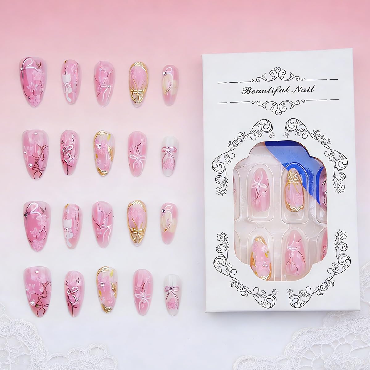 30Pcs Pink Flower Press on Nails Medium Almond Fake Nails Peach Blossom with 3D Rhinestones Pearl Gold Glitter Design Artificial Cute Cat Nails Stick on Nails Spring False Nails for Women Acrylic Nail