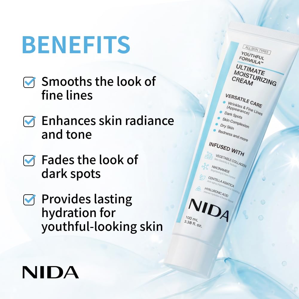 NIDA Youthful Formula™ Ultimate Moisturizing Cream | Centella Asiatica, Niacinamide, Hyaluronic Acid, Collagen | Wrinkles, Fine Lines, Dark Spots, Dry Skin, Redness | 3.38 fl. oz., 100ml