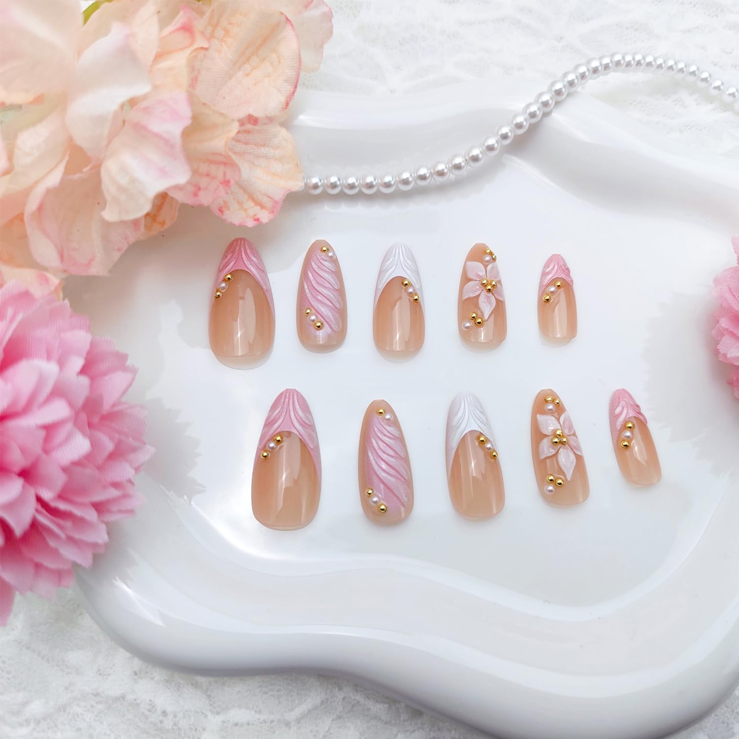 24Pcs Pink Flower Press on Nails Medium Almond French Tip Fake Nails with 3D Gold Beads Pearl Design Cute Flowers False Nail Nude Glossy Full Cover Spring Summer Floral Acrylic Stick on Nail for Women