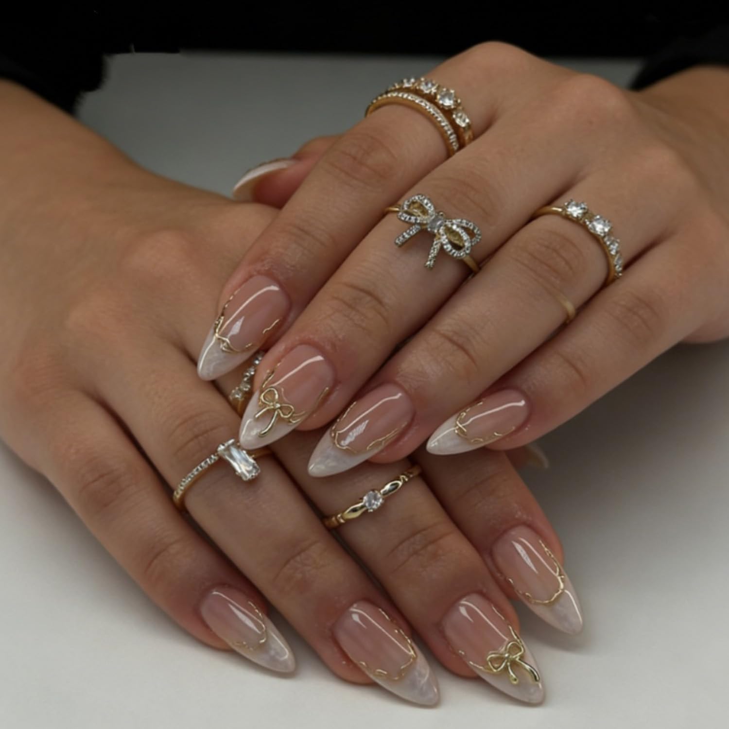 24Pcs French Press on Nails Almond Fake Nails Tip with 3D Gold Bow Lines Design White French Nails Exquisite Cute Bows False Nails Artificial Nails Acrylic Stick on Nail for Women Manicure Decoration